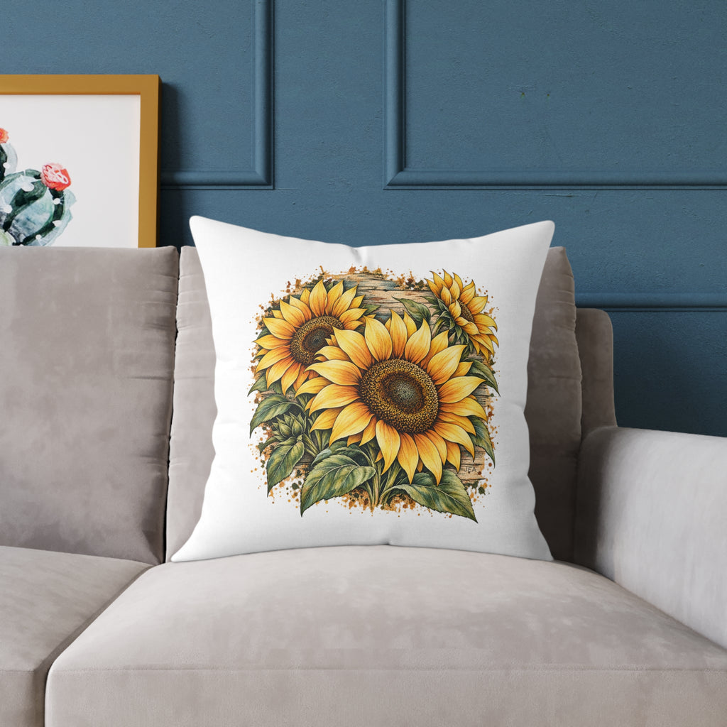 Sunflower Woodcut Relief Throw Pillow White Floral Farmhouse Home Decor BarkingDog Shop