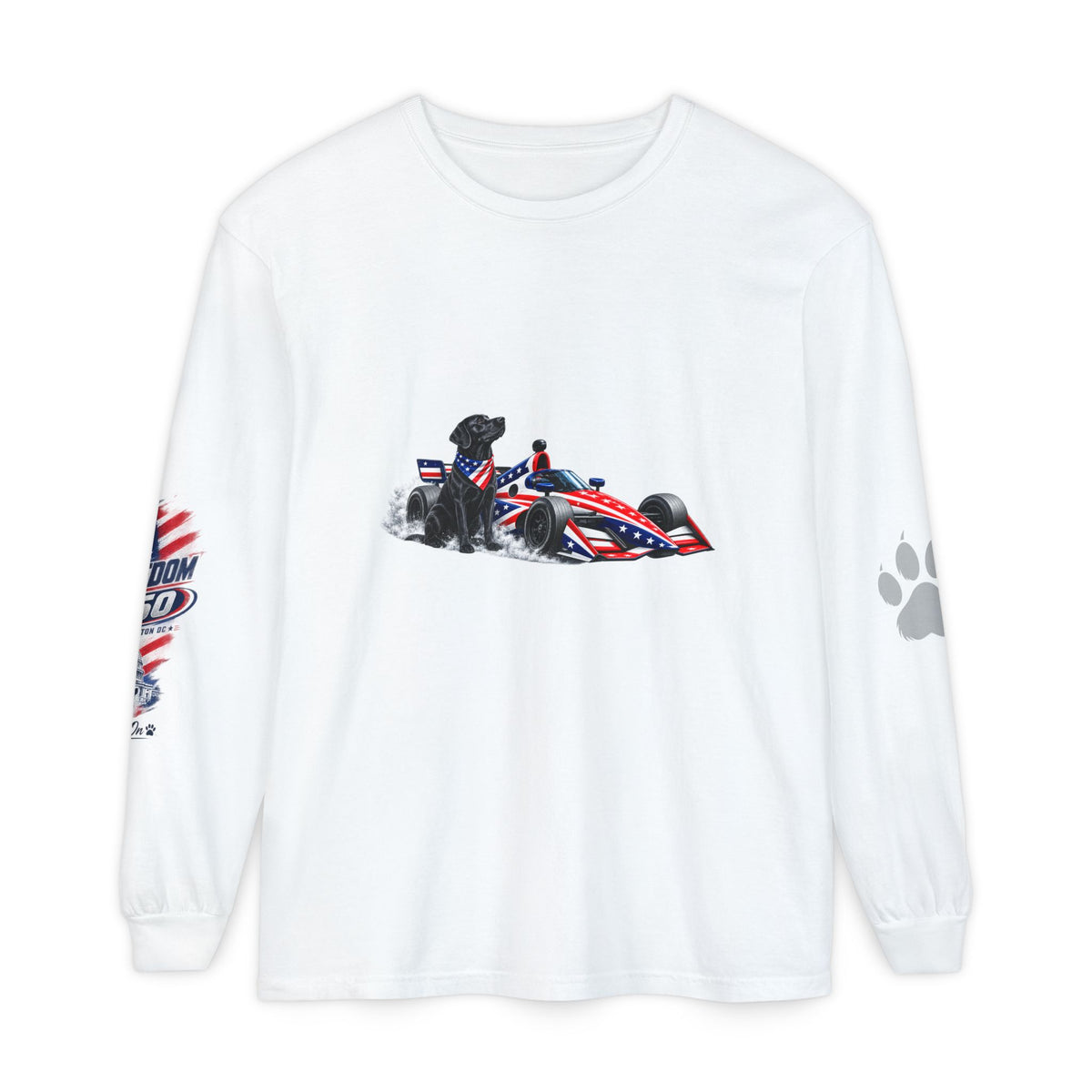American Freedom 250 Long Sleeve T Shirt USA Country 250th Anniversary Patriotic Racing Dog Tee Wag On BarkingDog Shop