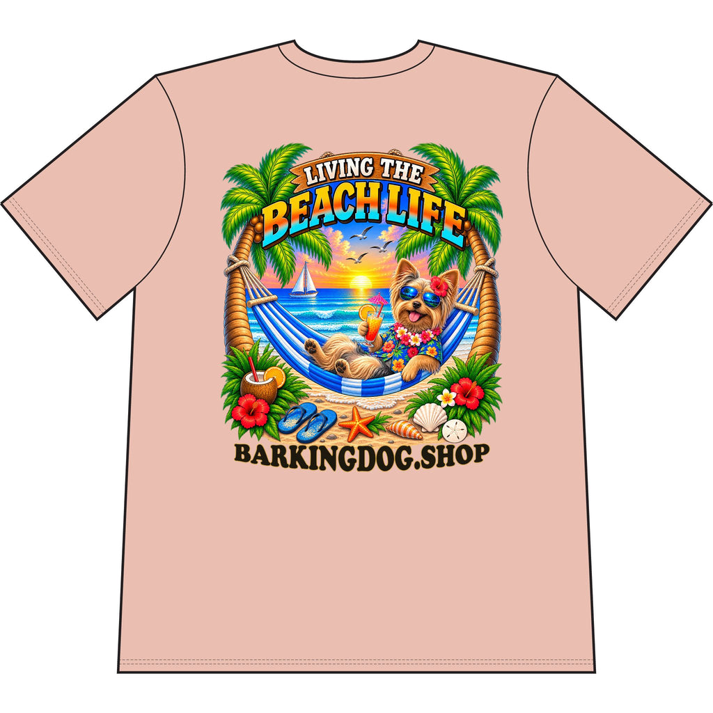 Yorkshire Terrier Beach Life Canine T Shirt Beach Collection Living the Beach Life Tropical Graphic Tee Wag On BarkingDog Shop