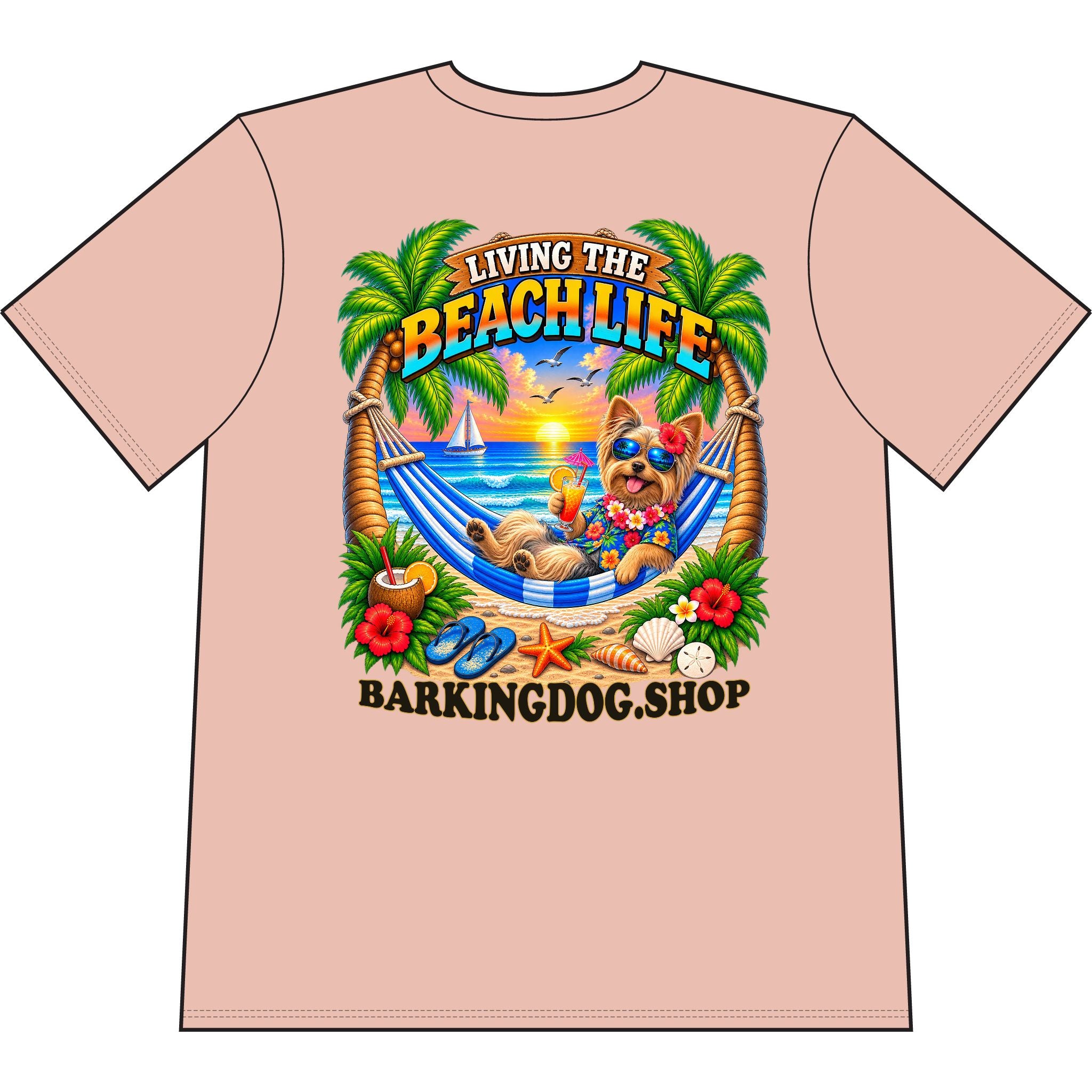 Yorkshire Terrier Beach Life Canine T Shirt Beach Collection Living the Beach Life Tropical Graphic Tee Wag On BarkingDog Shop