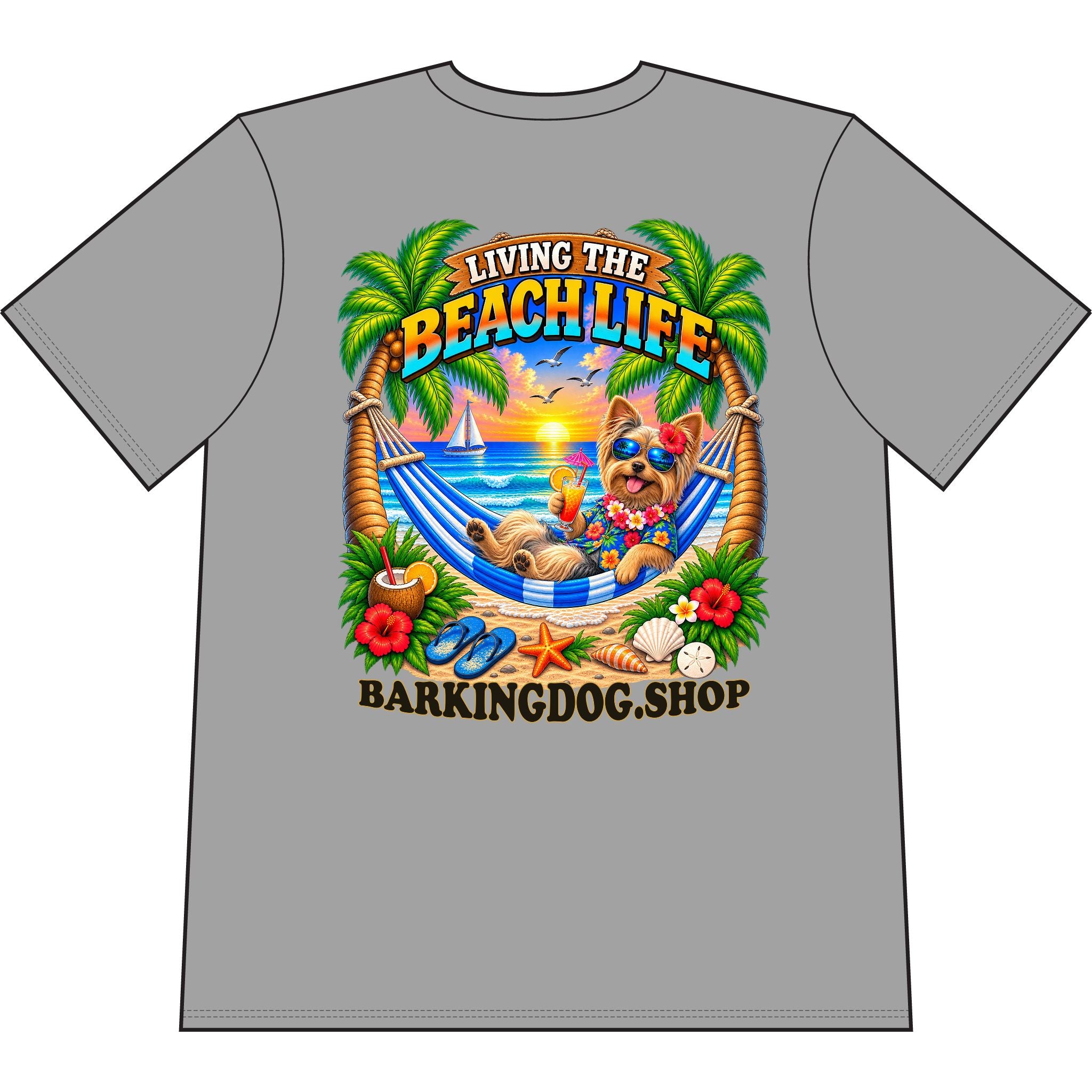 Yorkshire Terrier Beach Life Canine T Shirt Beach Collection Living the Beach Life Tropical Graphic Tee Wag On BarkingDog Shop
