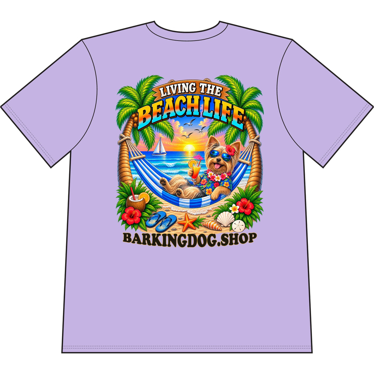 Yorkshire Terrier Beach Life Canine T Shirt Beach Collection Living the Beach Life Tropical Graphic Tee Wag On BarkingDog Shop