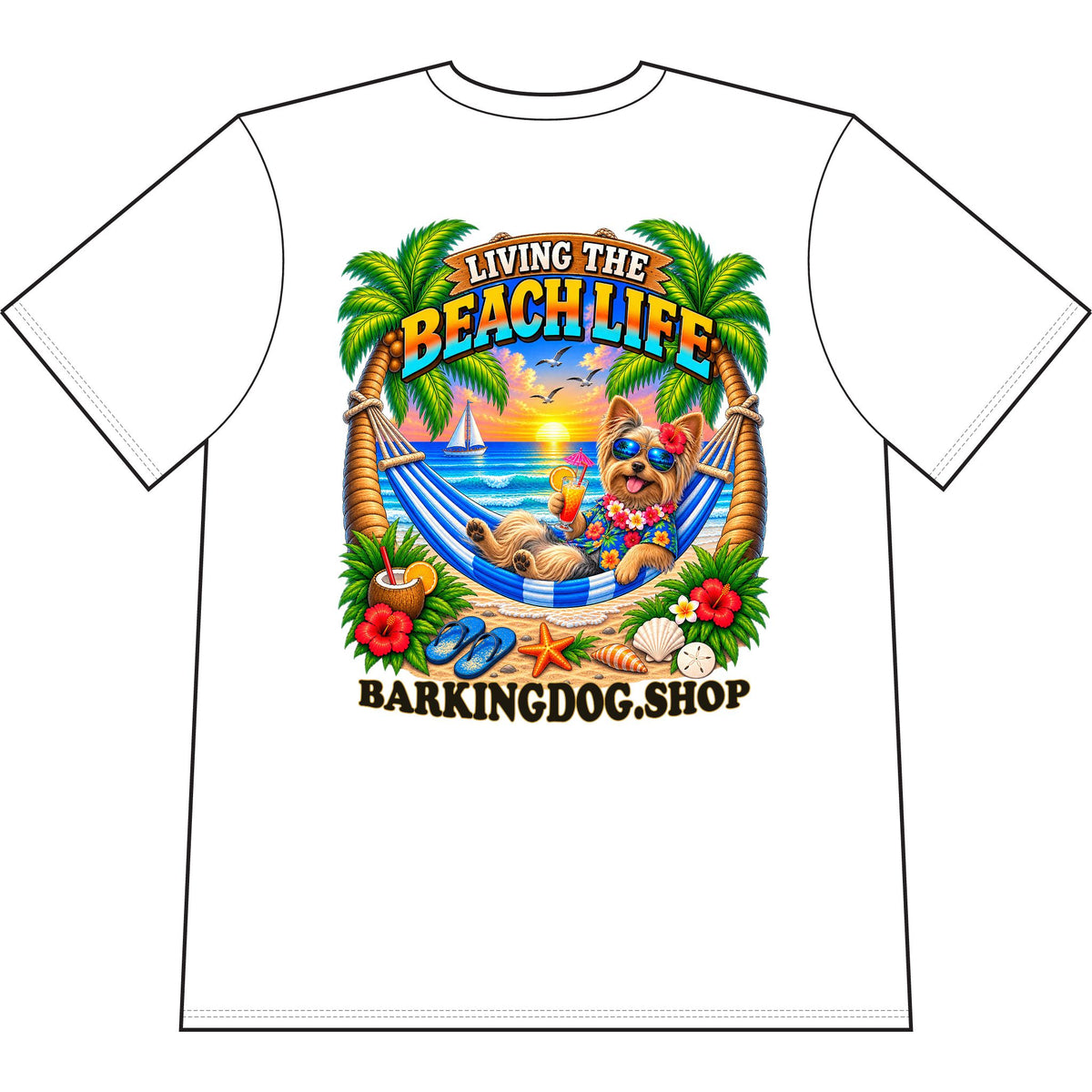 Yorkshire Terrier Beach Life Canine T Shirt Beach Collection Living the Beach Life Tropical Graphic Tee Wag On BarkingDog Shop