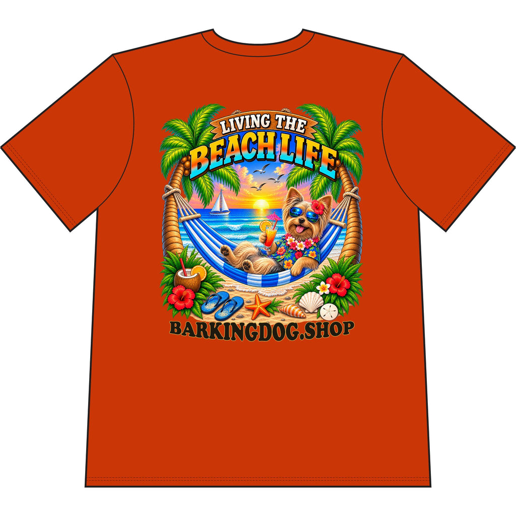Yorkshire Terrier Beach Life Canine T Shirt Beach Collection Living the Beach Life Tropical Graphic Tee Wag On BarkingDog Shop