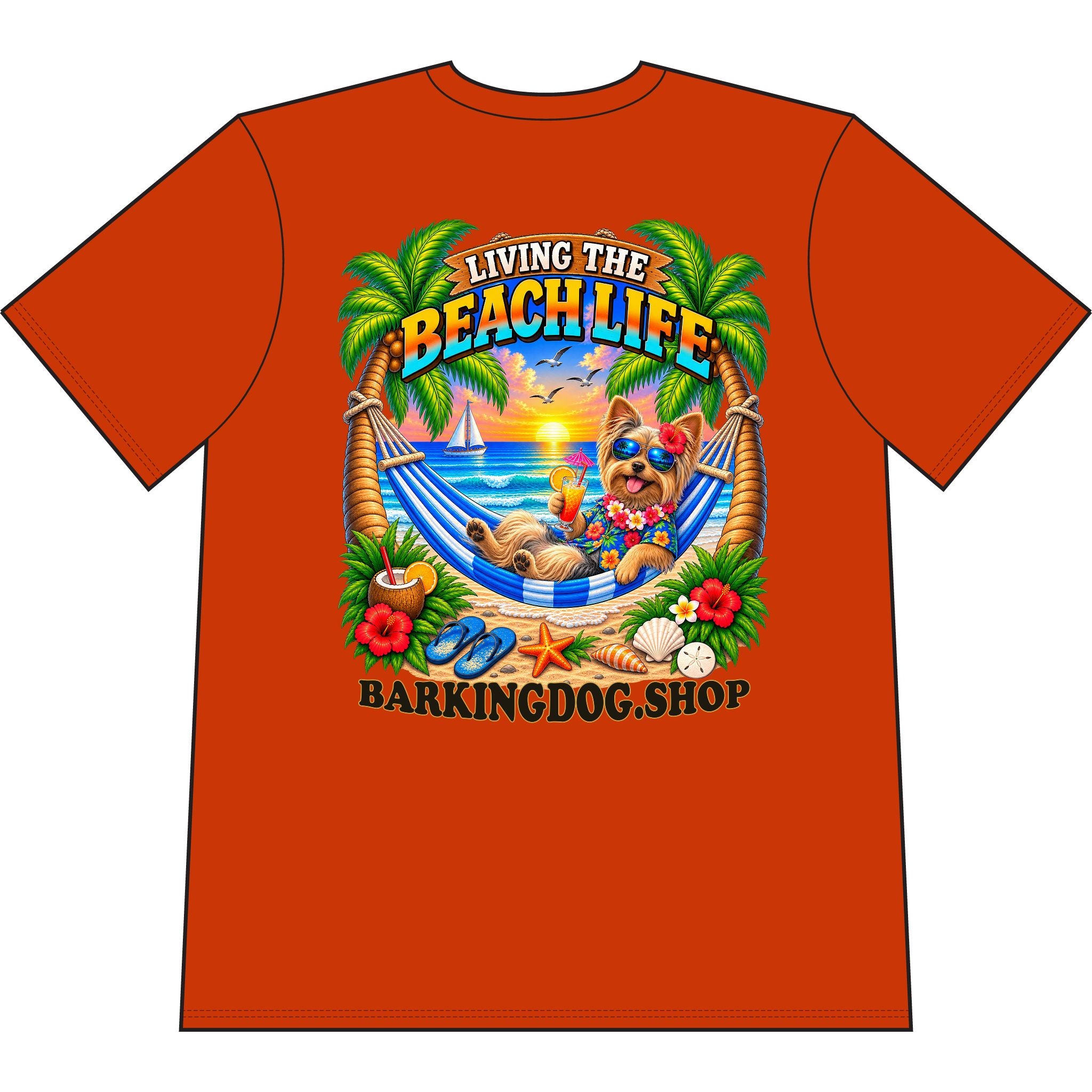 Yorkshire Terrier Beach Life Canine T Shirt Beach Collection Living the Beach Life Tropical Graphic Tee Wag On BarkingDog Shop