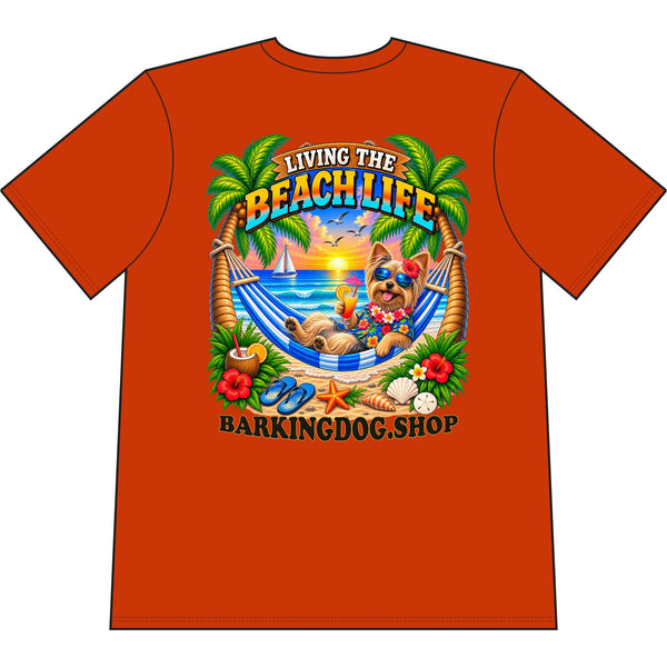 Yorkshire Terrier Beach Life Canine T Shirt Beach Collection Living the Beach Life Tropical Graphic Tee Wag On BarkingDog Shop