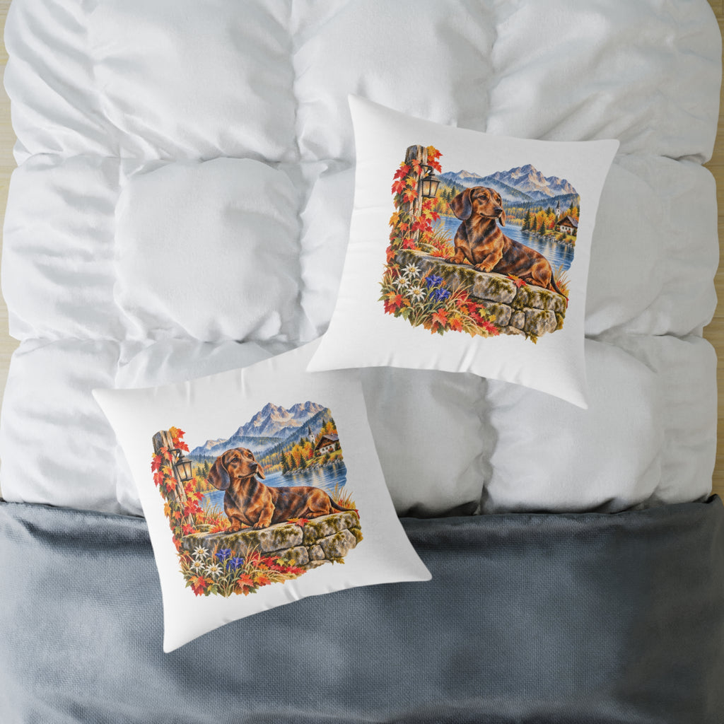 Dachshund Bavarian Alps Autumn Throw Pillow White Home Decor Collection Alpine Lake Dog Decor BarkingDog Shop
