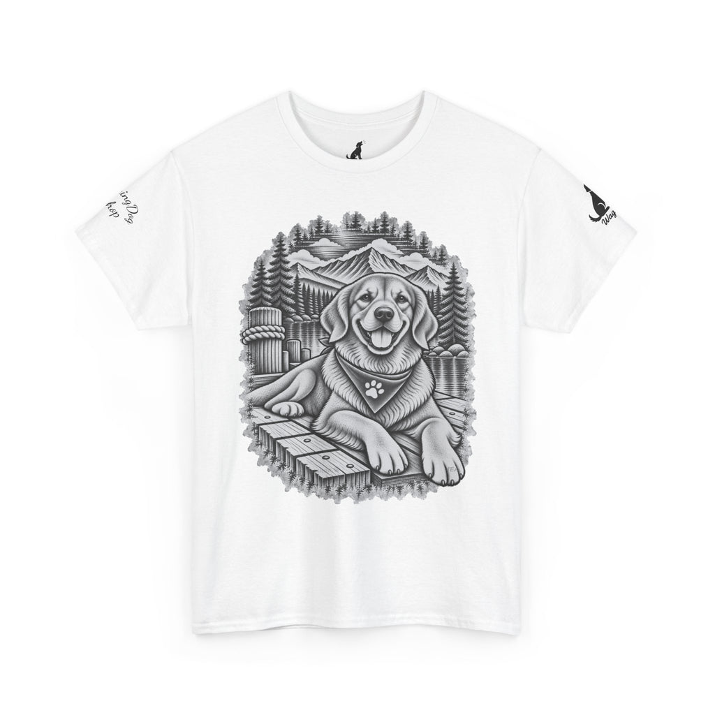 Golden Retriever Mountain Lake Wildlife Woodcut Tee White Outdoor Canine Graphic T-Shirt BarkingDog Shop