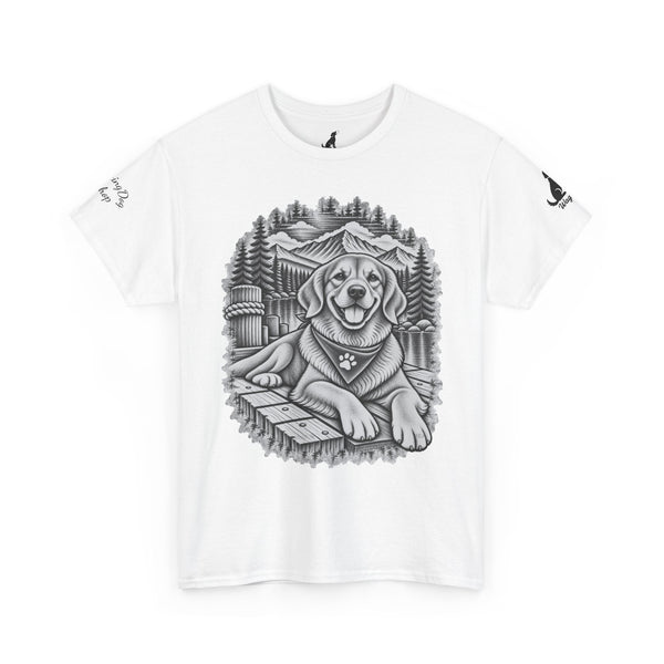 Golden Retriever Mountain Lake Wildlife Woodcut Tee White Outdoor Canine Graphic T-Shirt BarkingDog Shop
