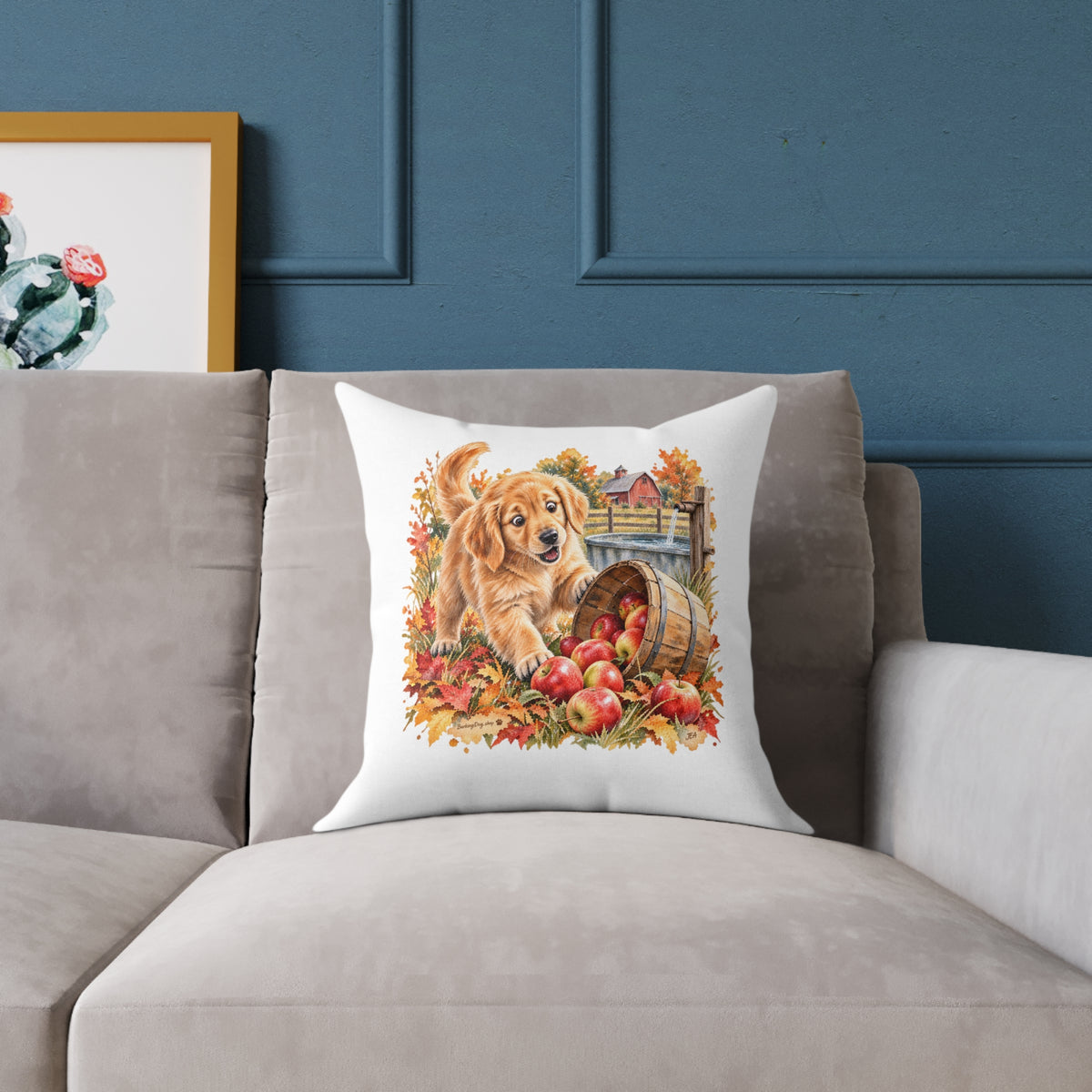 Golden Retriever Puppy Spilled Apples Throw Pillow White Home Decor Collection Farmhouse Dog Decor BarkingDog Shop