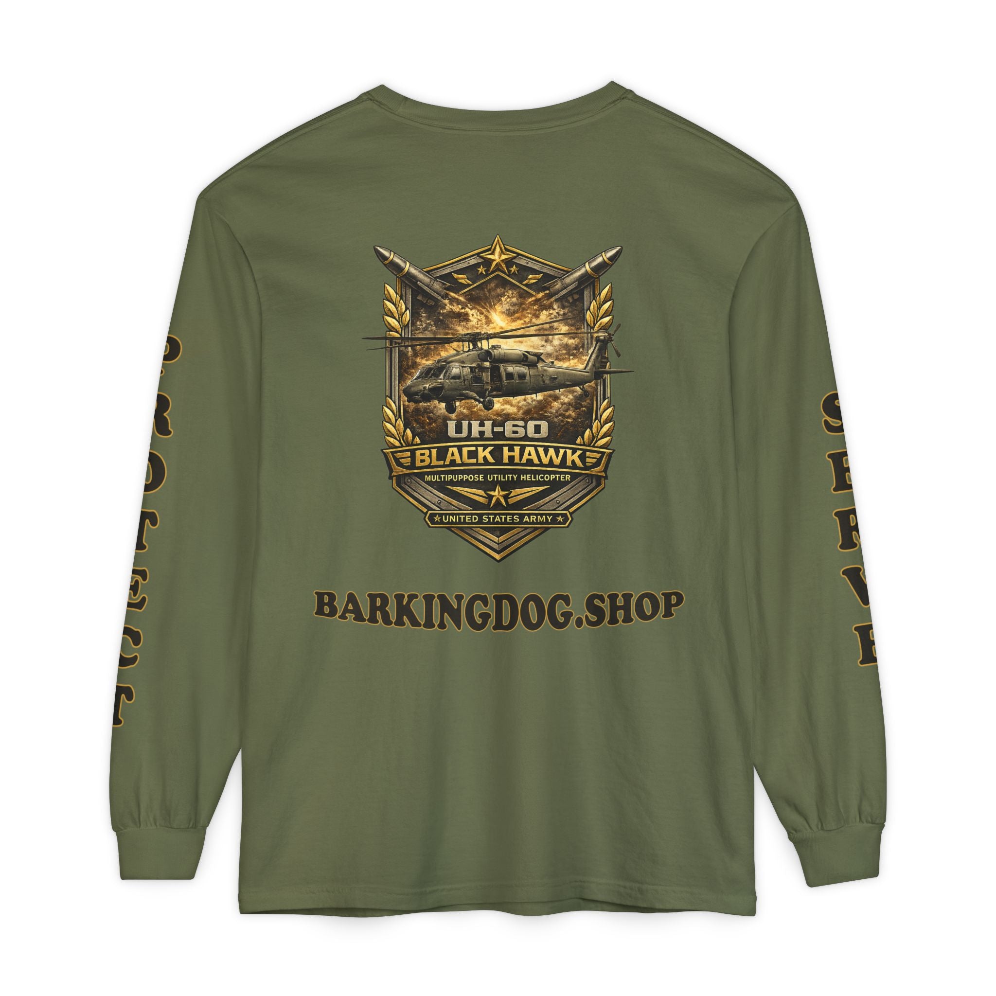 UH-60 Black Hawk Helicopter Long Sleeve Tee — Barking Dog 'Wag On' Military Army Tribute