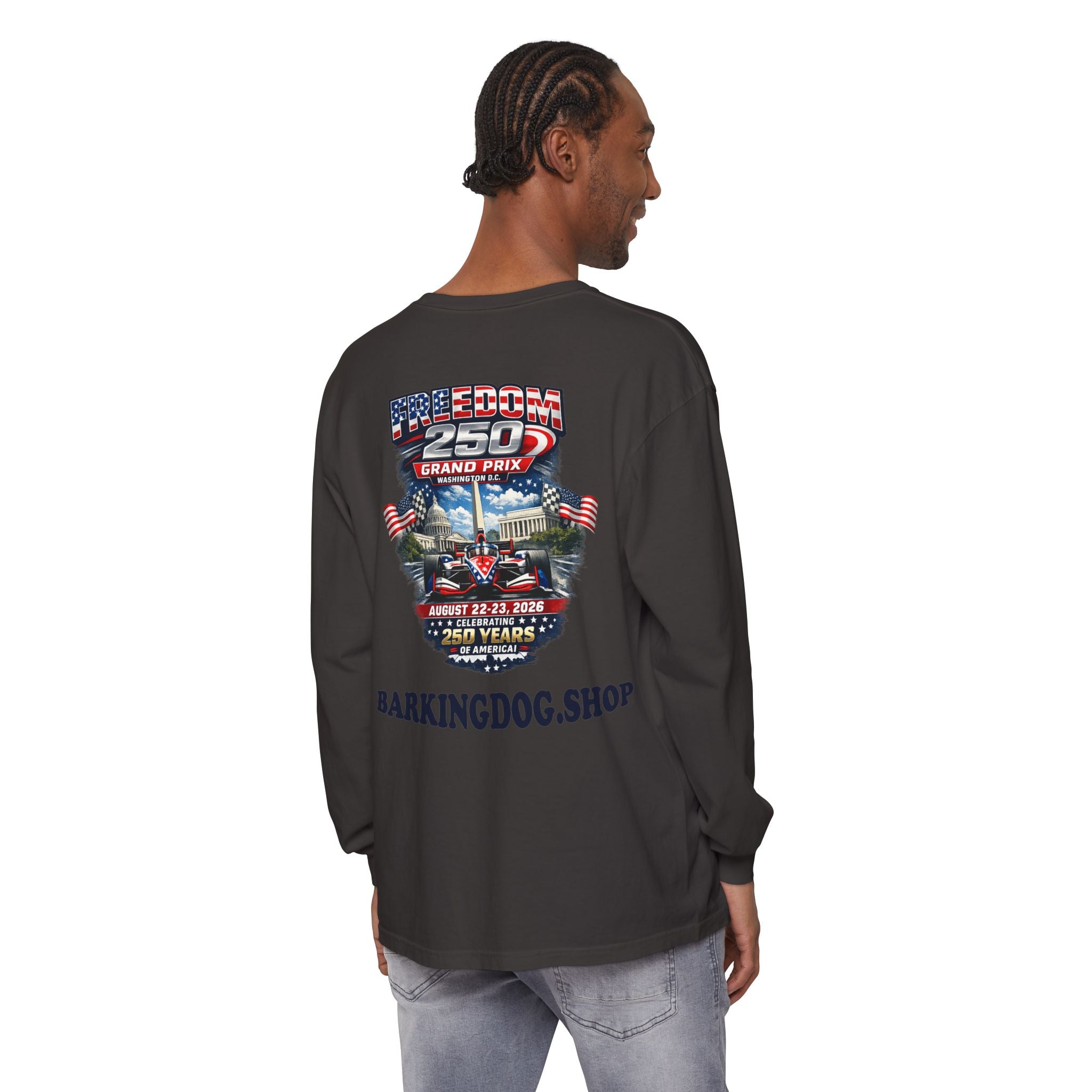 Freedom 250 Grand Prix Long Sleeve T-Shirt — "Wag On" Dog Rally Race Tee