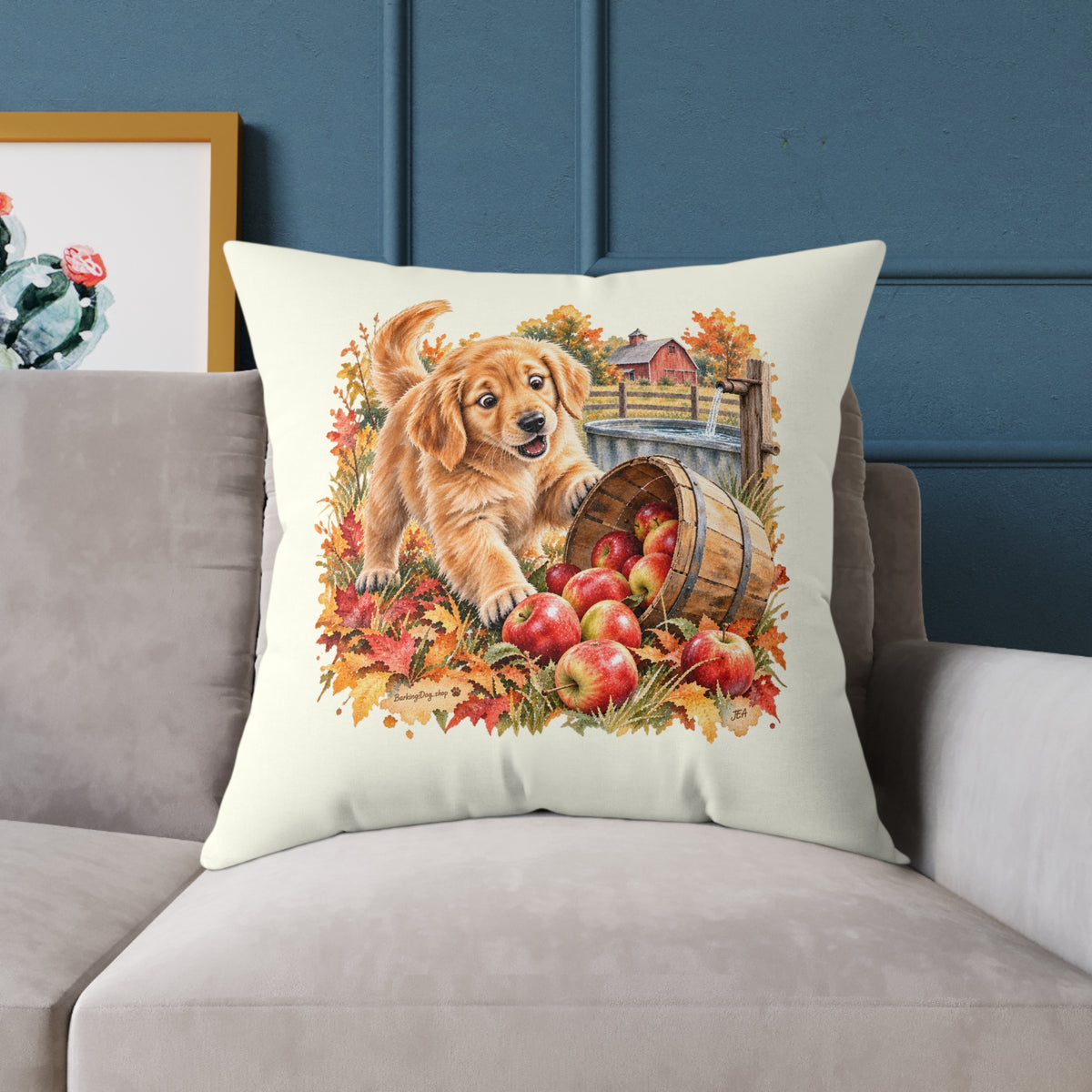 Golden Retriever Puppy Spilled Apples Throw Pillow Ivory Home Decor Collection Farmhouse Dog Decor BarkingDog Shop