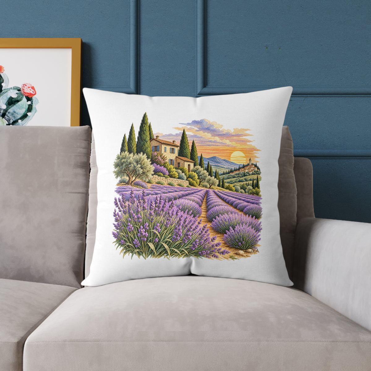 Lavender Fields Woodcut Relief Throw Pillow White Floral Landscape Home Decor BarkingDog Shop