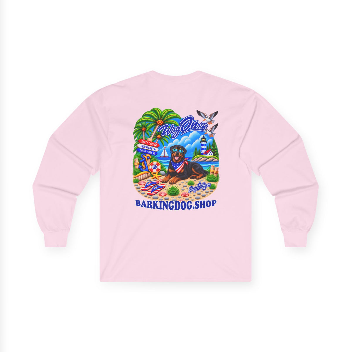 Rottweiler Stay Salty Pup Long Sleeve T Shirt Beach Collection Coastal Dog Graphic Tee Wag On BarkingDog Shop