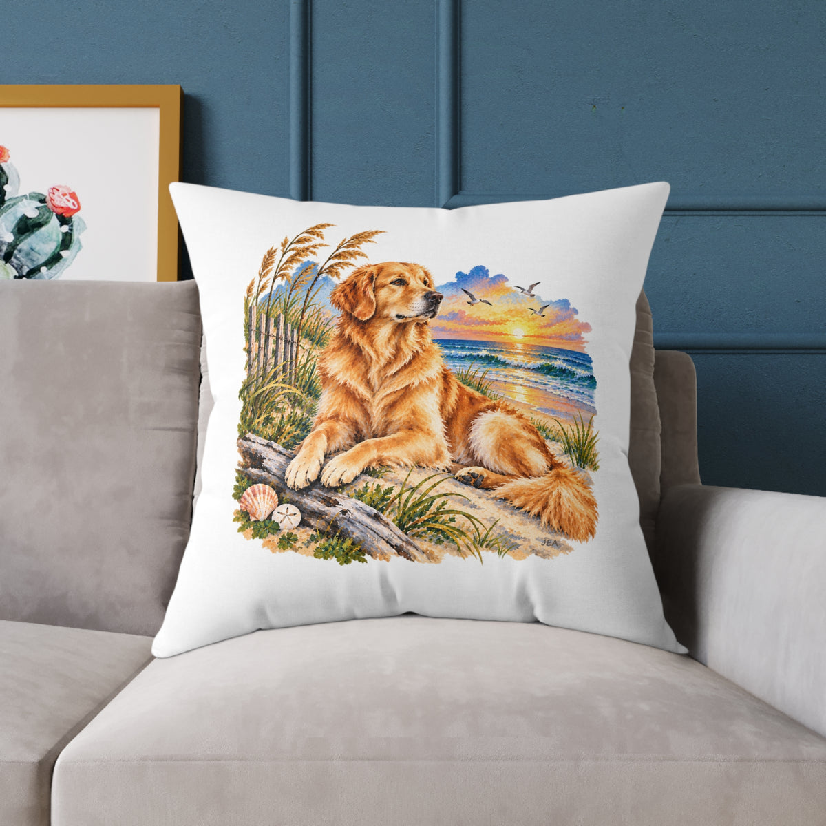 Golden Retriever Coastal North Carolina Sunrise Throw Pillow White Home Decor Collection Beach Dog Decor BarkingDog Shop