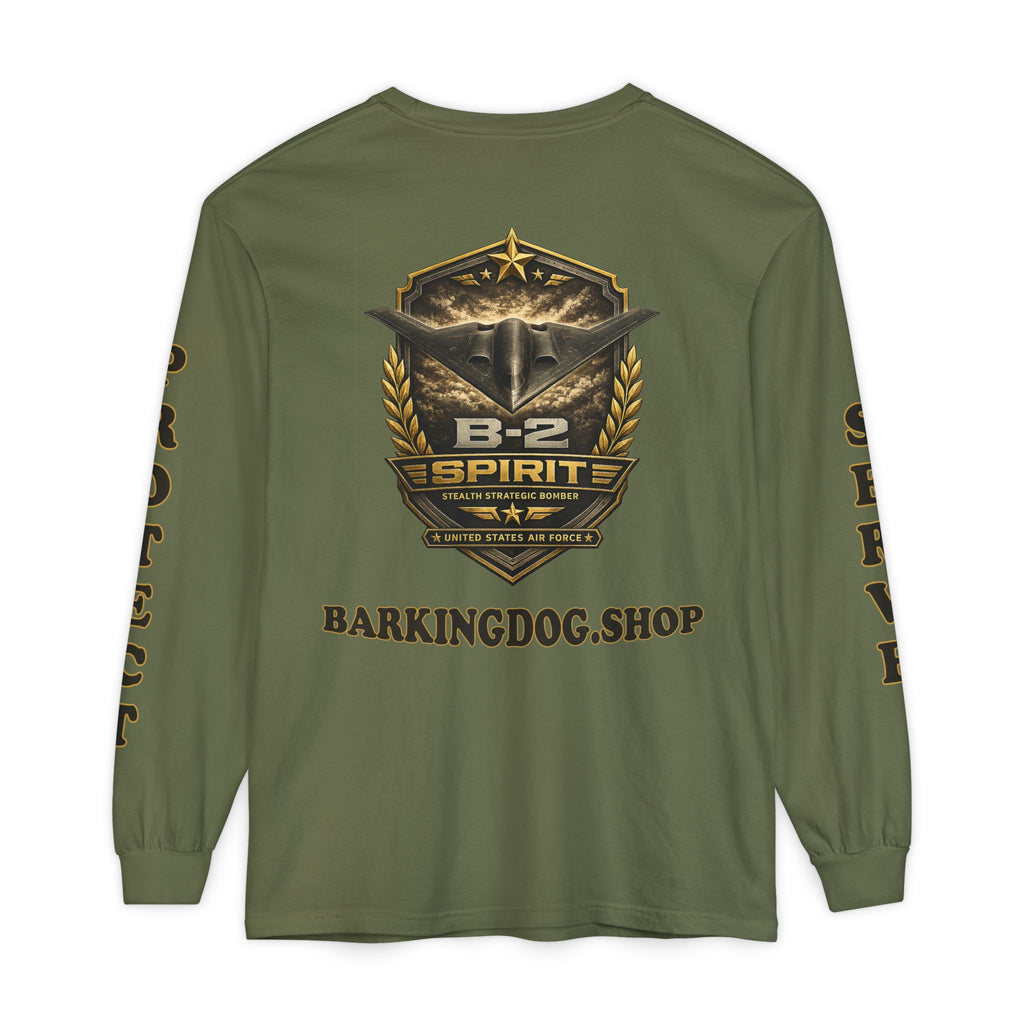 B-2 Spirit Stealth Bomber Long Sleeve Tee — Barking Dog 'Wag On' Military Air Force Tribute