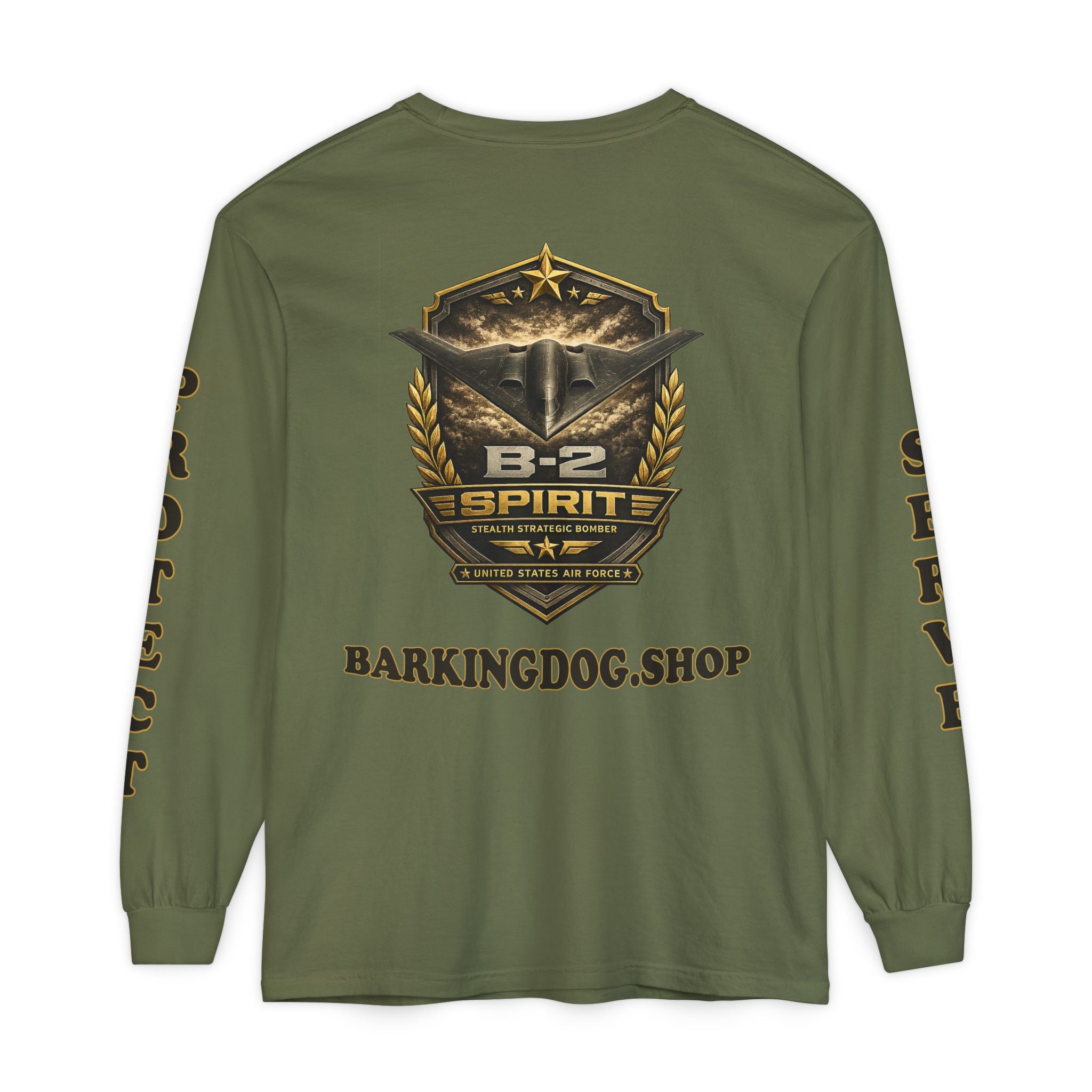 B-2 Spirit Stealth Bomber Long Sleeve Tee — Barking Dog 'Wag On' Military Air Force Tribute