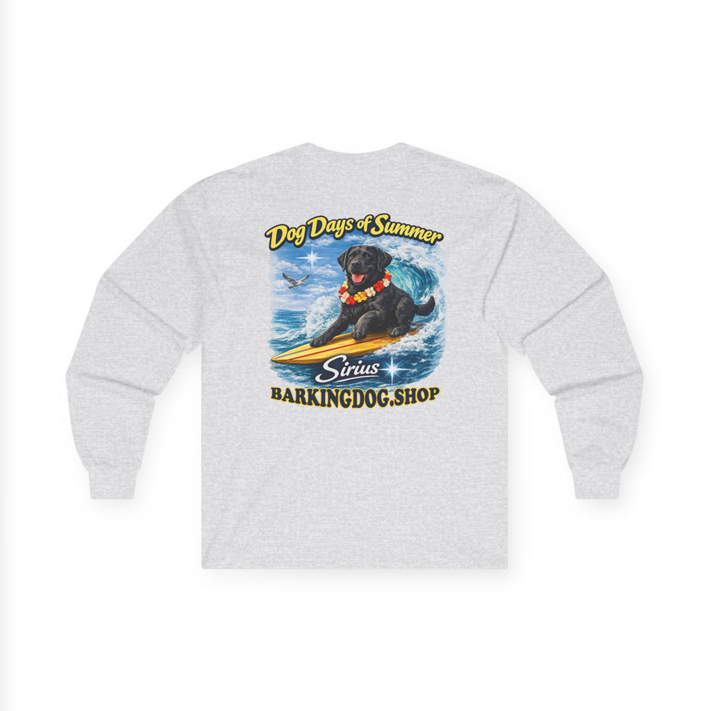 Black Labrador Dog Days of Summer Surfboard Long Sleeve T Shirt Beach Collection Surfing Dog Graphic Tee Wag On BarkingDog Shop