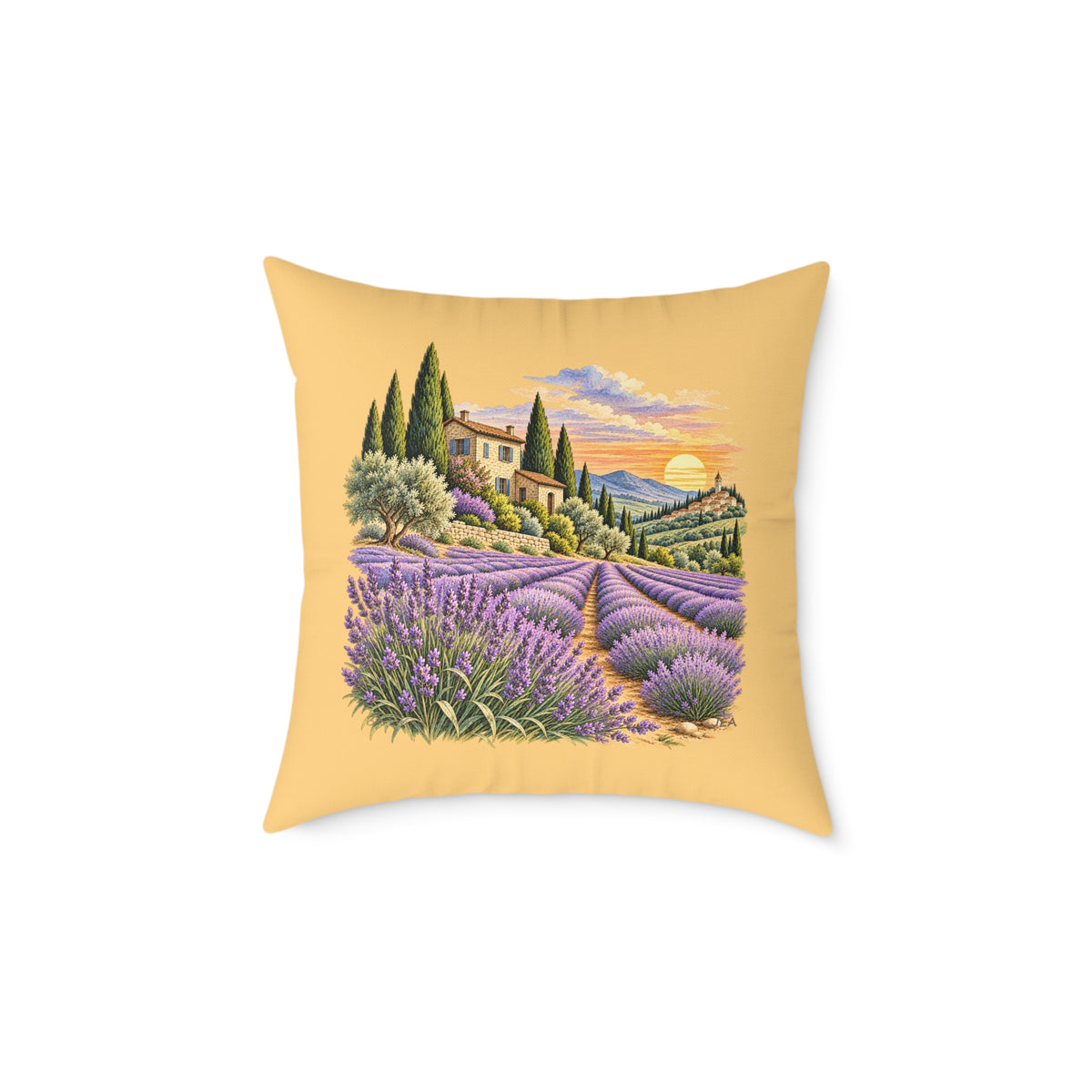 Lavender Fields Woodcut Relief Throw Pillow Warm Beige Floral Landscape Home Decor BarkingDog Shop