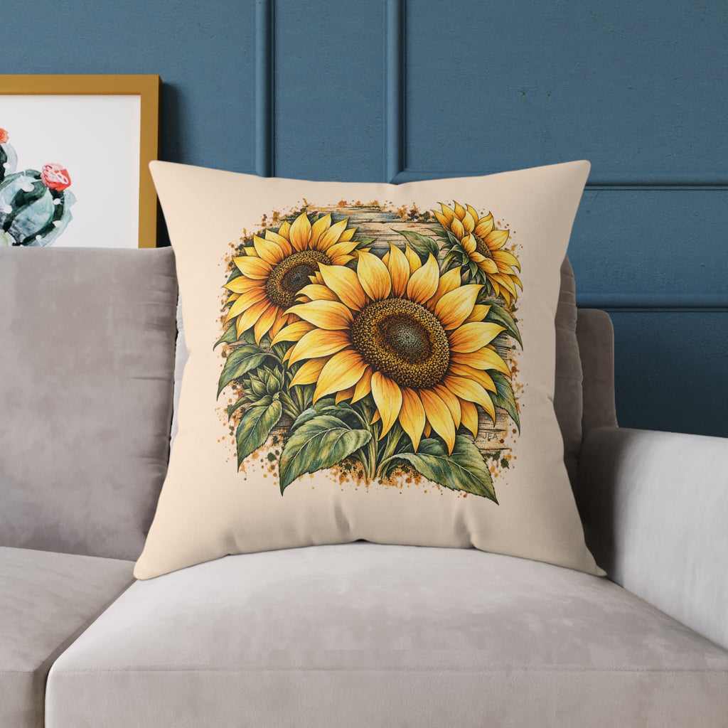 Sunflower Woodcut Relief Throw Pillow Warm Peach Floral Farmhouse Home Decor BarkingDog Shop