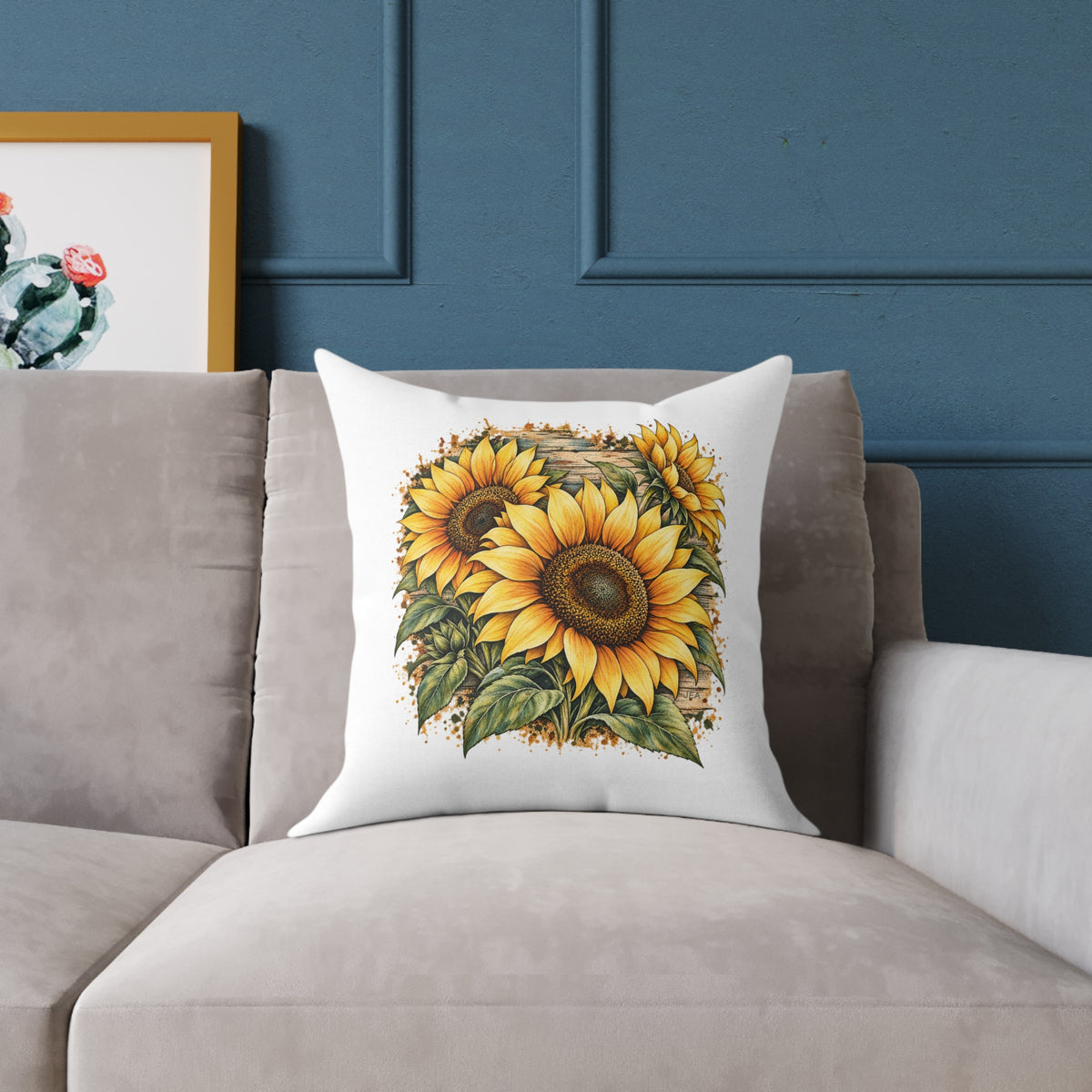 Sunflower Woodcut Relief Throw Pillow White Floral Farmhouse Home Decor BarkingDog Shop