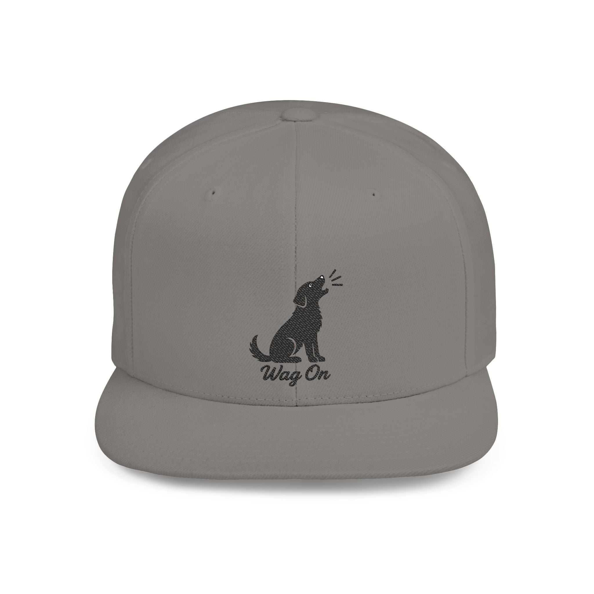 Wag On Snapback Hat — Embroidered Howling Dog Flat Bill Cap