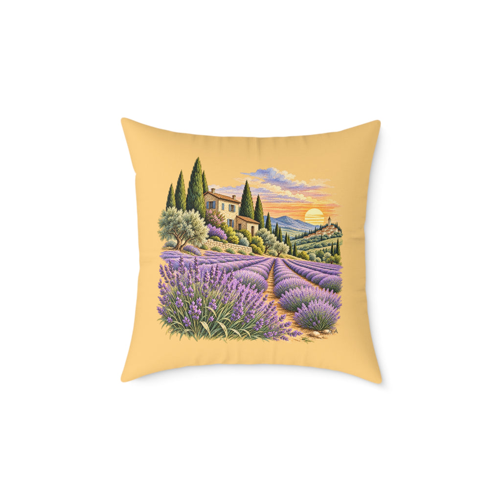 Lavender Fields Woodcut Relief Throw Pillow Warm Beige Floral Landscape Home Decor BarkingDog Shop