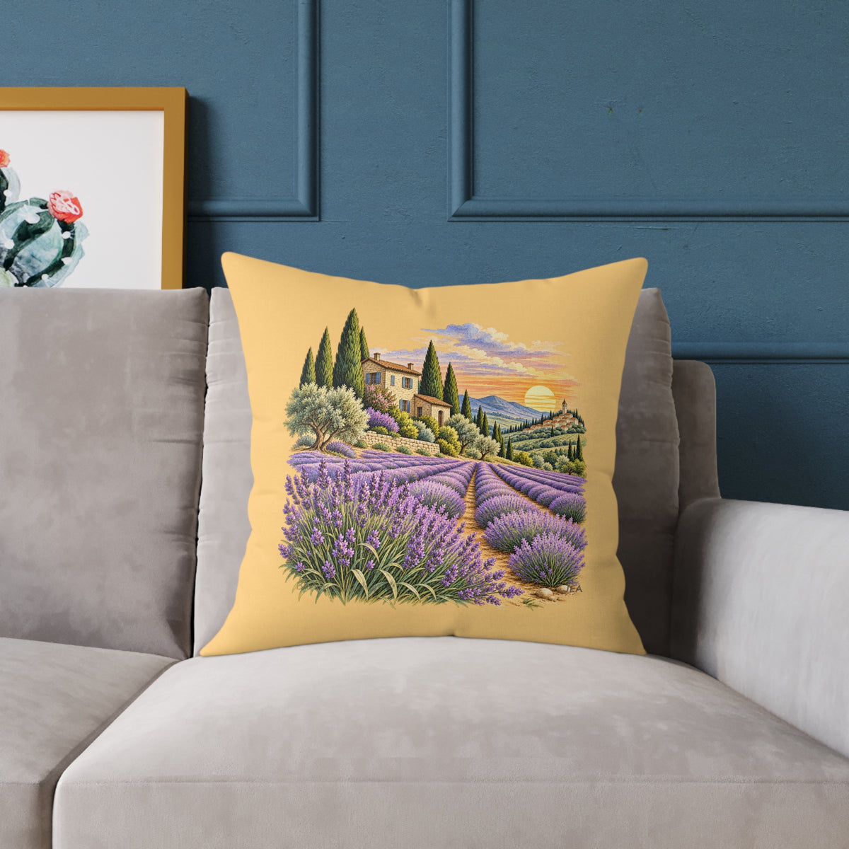 Lavender Fields Woodcut Relief Throw Pillow Warm Beige Floral Landscape Home Decor BarkingDog Shop