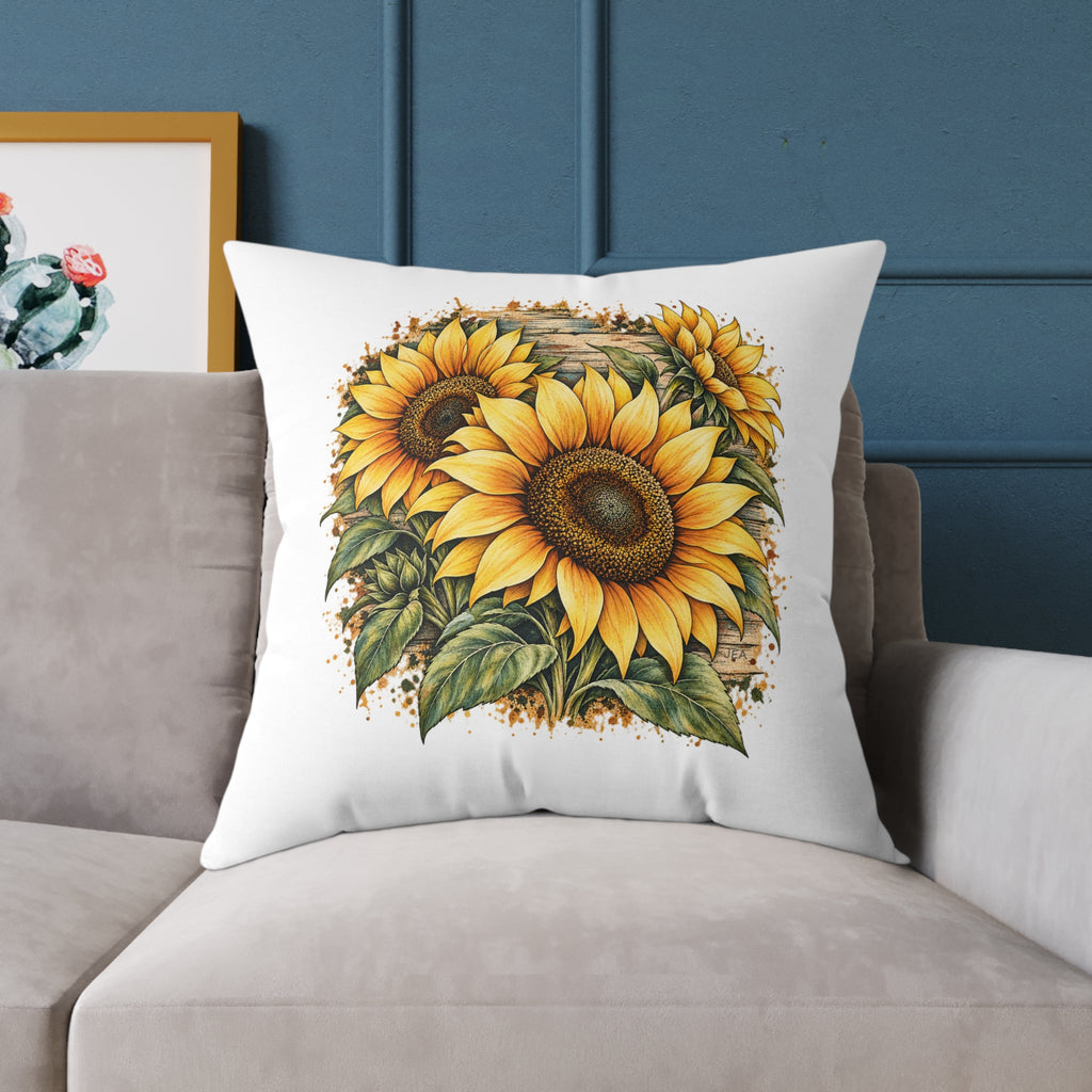 Sunflower Woodcut Relief Throw Pillow White Floral Farmhouse Home Decor BarkingDog Shop