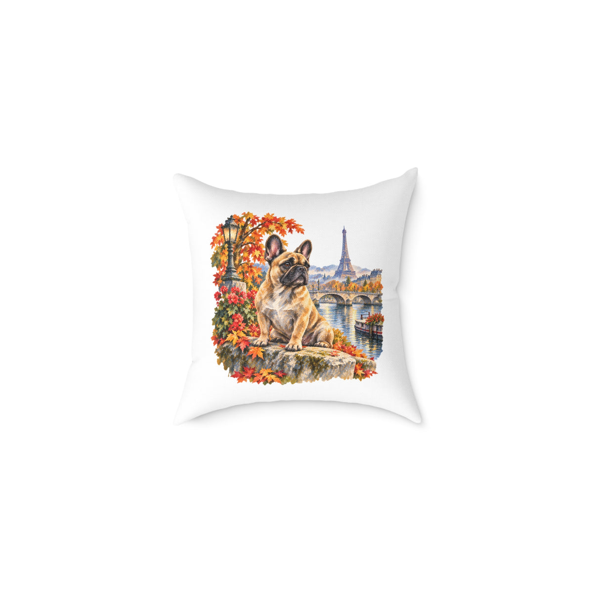French Bulldog Paris in Autumn Throw Pillow White Home Decor Collection Eiffel Tower Scenic Dog Decor BarkingDog Shop