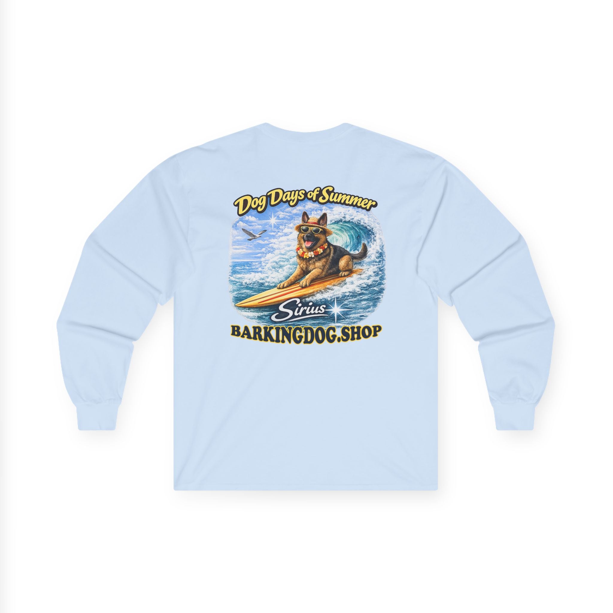 German Shepherd Dog Days of Summer Surfboard Long Sleeve T Shirt Beach Collection Surfing Dog Graphic Tee Wag On BarkingDog Shop