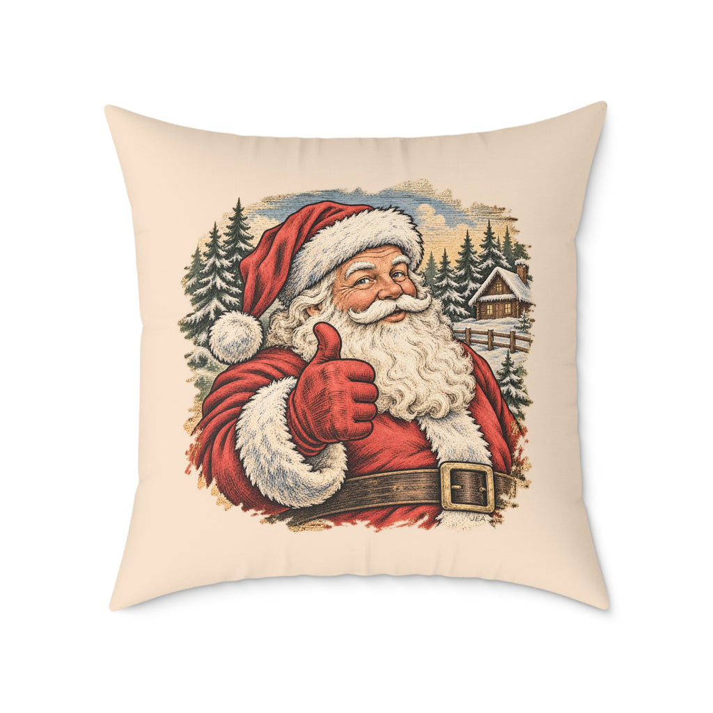Santa Thumbs Up Woodcut Relief Throw Cushion Warm Peach Holiday Decoration BarkingDog Shop