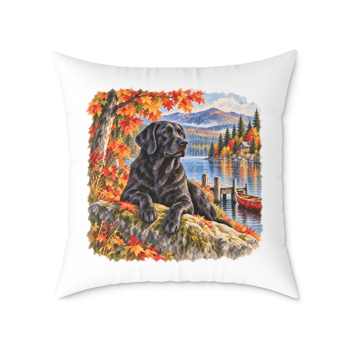 Black Labrador Maine Lake Autumn Throw Pillow White Home Decor Collection Fall Mountain Dog Decor BarkingDog Shop