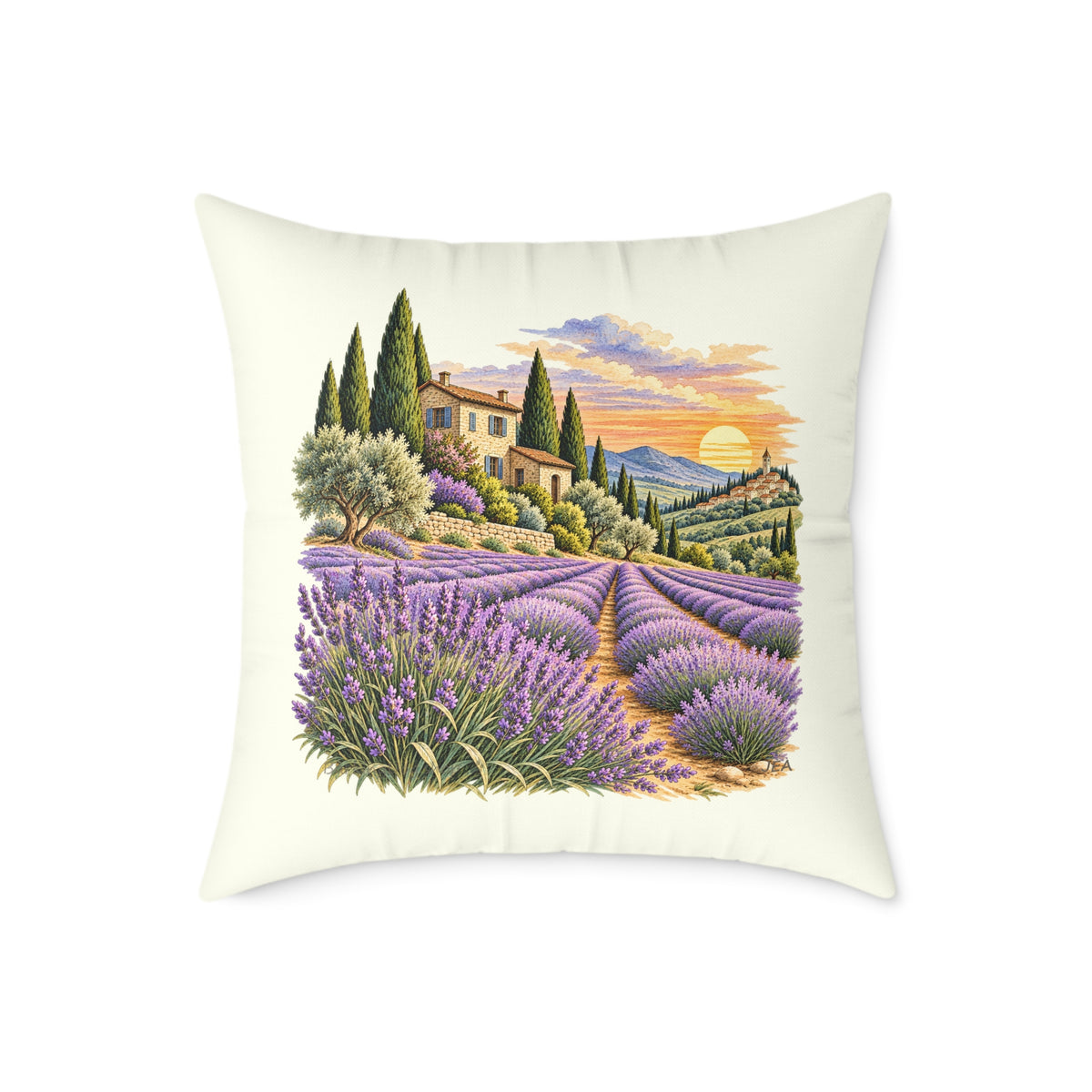 Lavender Fields Woodcut Relief Throw Pillow Ivory Floral Landscape Home Decor BarkingDog Shop