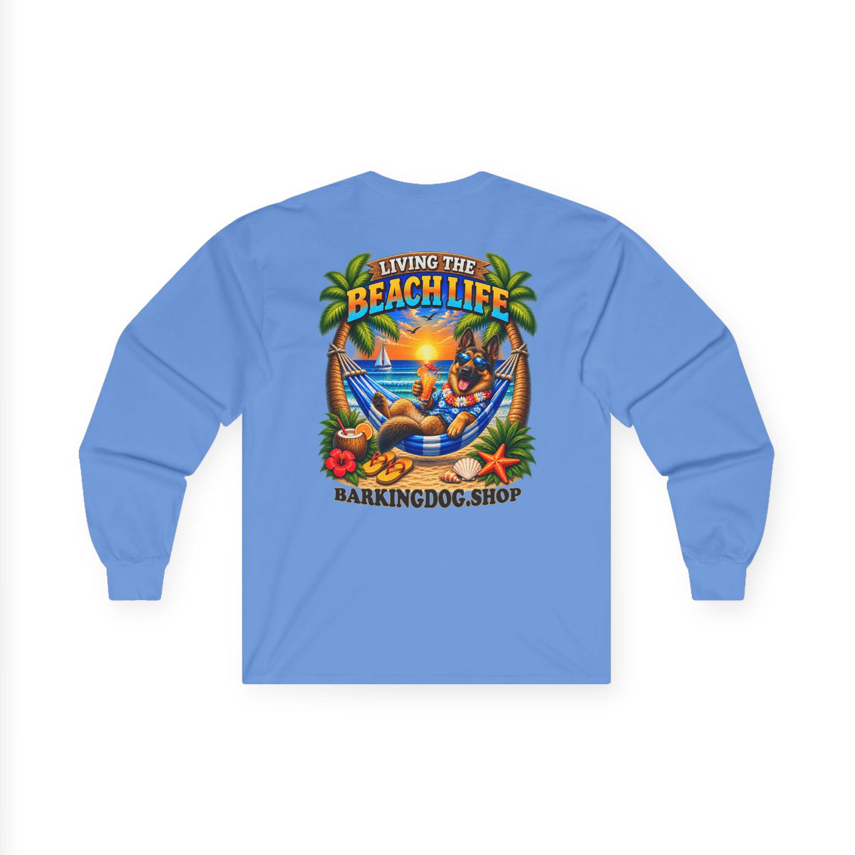 German Shepherd Beach Life Canine Long Sleeve T Shirt Beach Collection Hammock Tropical Dog Graphic Tee Wag On BarkingDog Shop