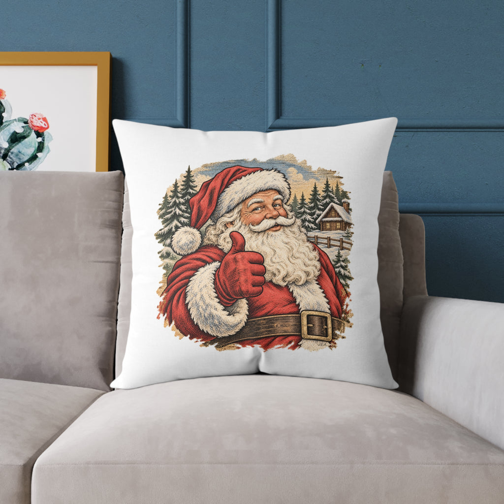 Santa Thumbs Up Woodcut Relief Throw Cushion White  Holiday Decoration BarkingDog Shop