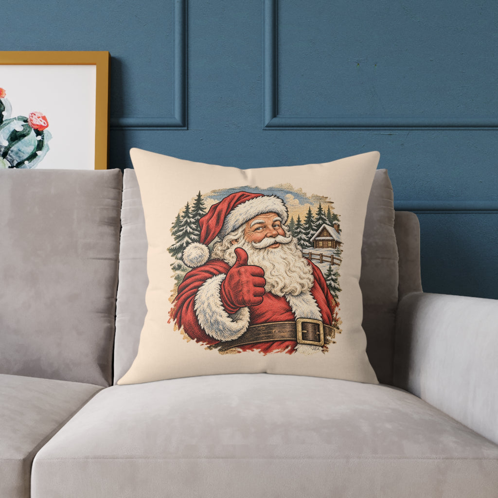 Santa Thumbs Up Woodcut Relief Throw Cushion Warm Peach Holiday Decoration BarkingDog Shop