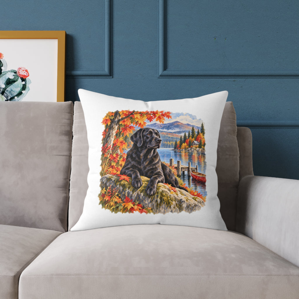 Black Labrador Maine Lake Autumn Throw Pillow White Home Decor Collection Fall Mountain Dog Decor BarkingDog Shop