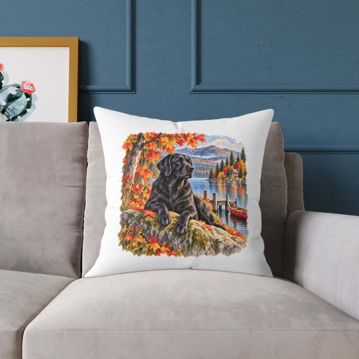 Black Labrador Maine Lake Autumn Throw Pillow White Home Decor Collection Fall Mountain Dog Decor BarkingDog Shop