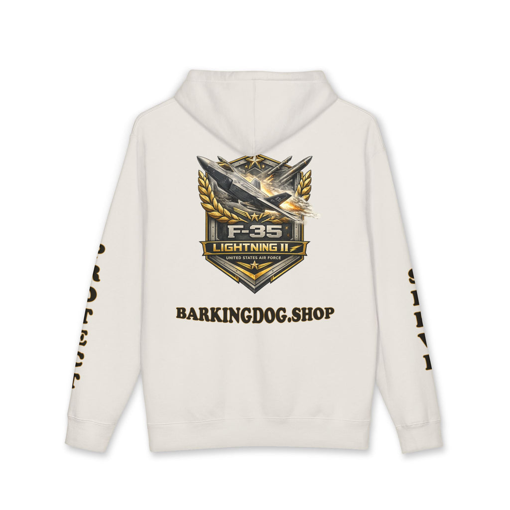 F-35 Lightning II Jet Hoodie — Barking Dog 'Wag On' Military Air Force Tribute