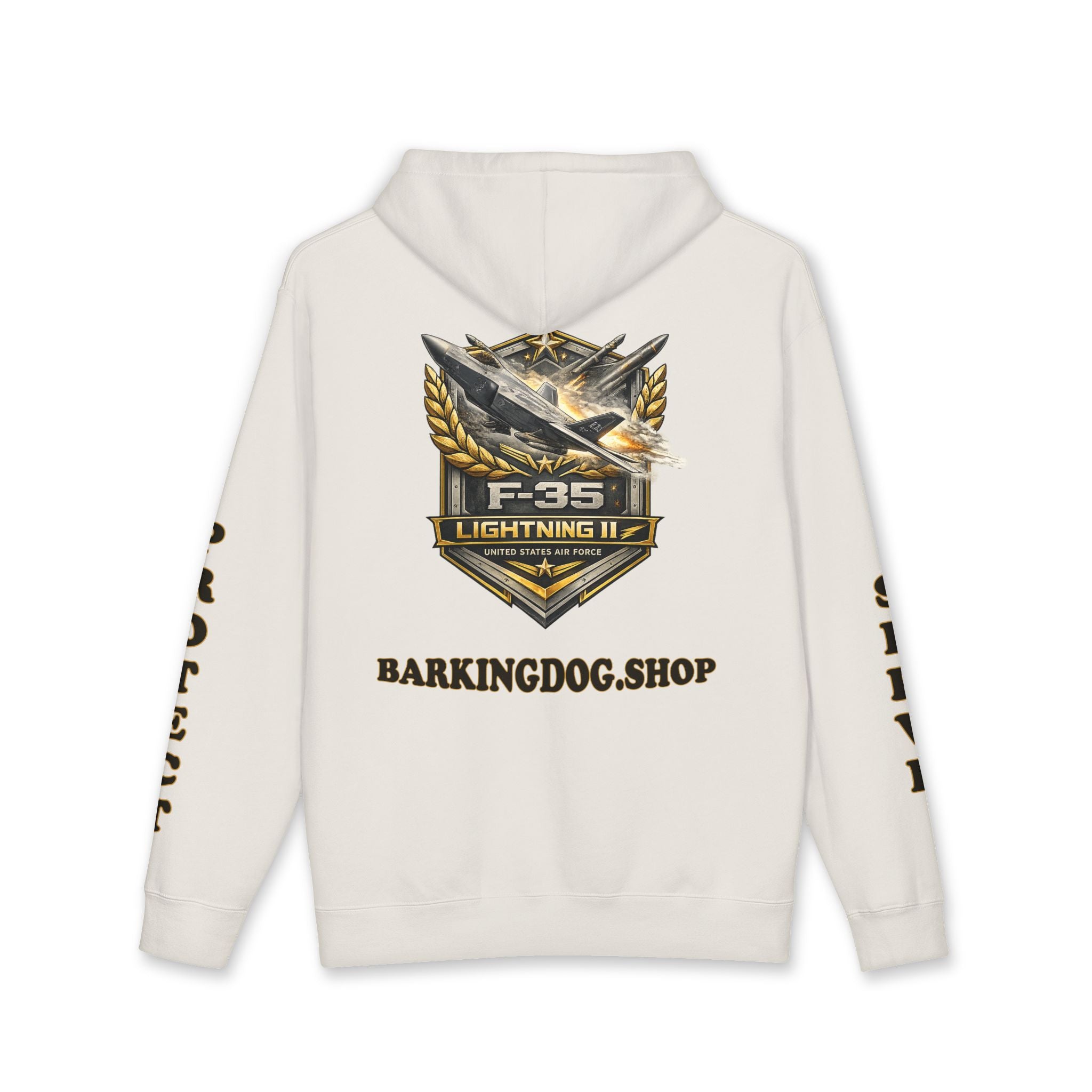 F-35 Lightning II Jet Hoodie — Barking Dog 'Wag On' Military Air Force Tribute