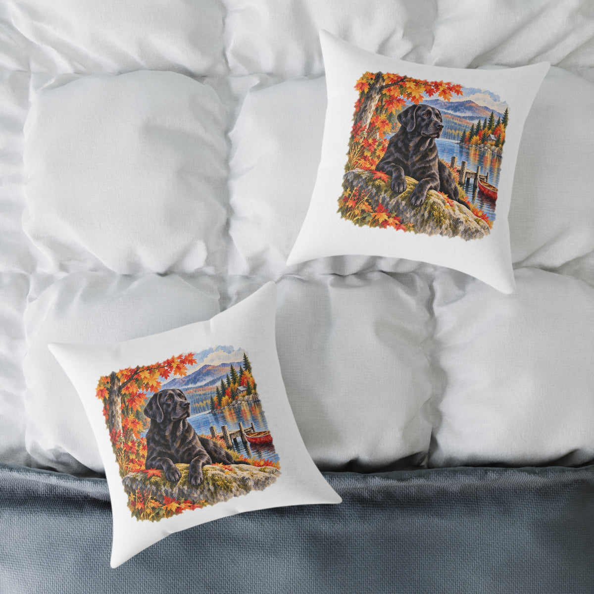 Black Labrador Maine Lake Autumn Throw Pillow White Home Decor Collection Fall Mountain Dog Decor BarkingDog Shop