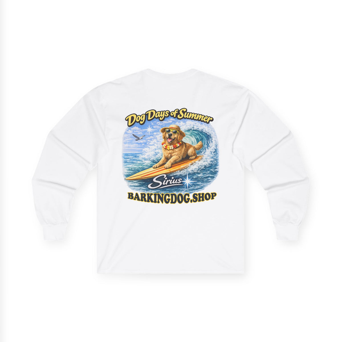 Golden Retriever Dog Days of Summer Surfboard Long Sleeve T Shirt Beach Collection Surfing Dog Graphic Tee Wag On BarkingDog Shop