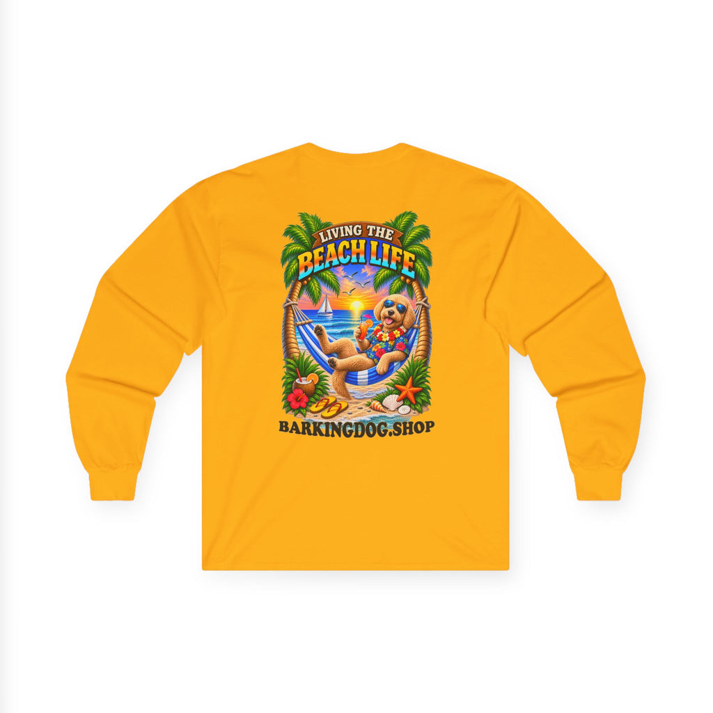 Golden Doodle Beach Life Canine Long Sleeve T Shirt Beach Collection Hammock Tropical Dog Graphic Tee Wag On BarkingDog Shop