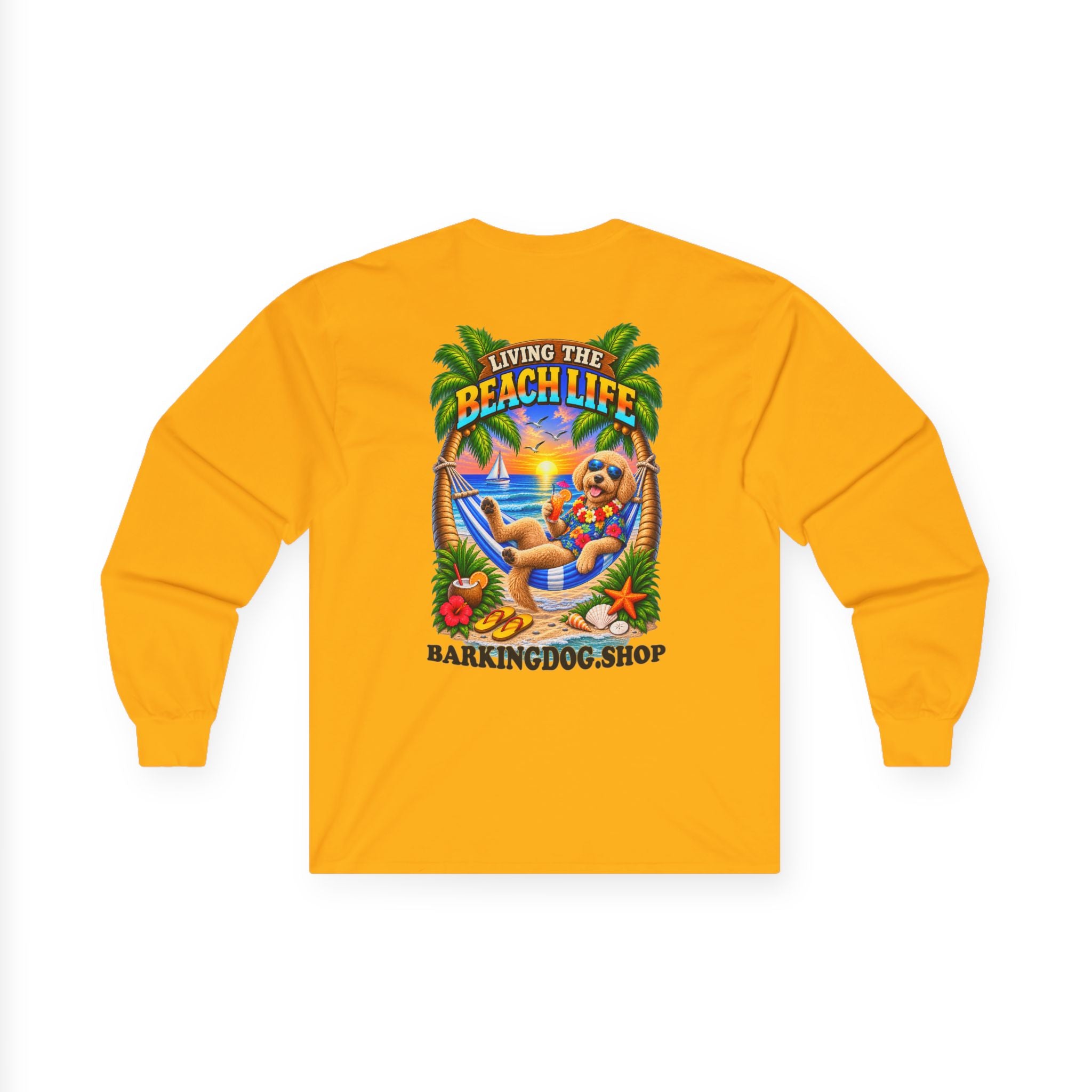 Golden Doodle Beach Life Canine Long Sleeve T Shirt Beach Collection Hammock Tropical Dog Graphic Tee Wag On BarkingDog Shop