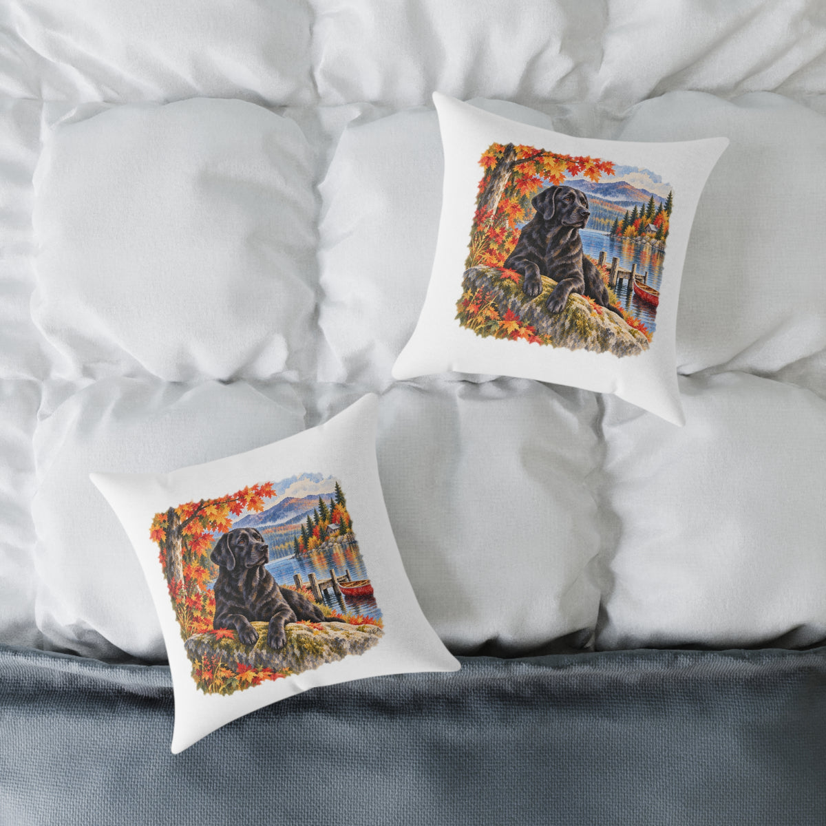 Black Labrador Maine Lake Autumn Throw Pillow White Home Decor Collection Fall Mountain Dog Decor BarkingDog Shop