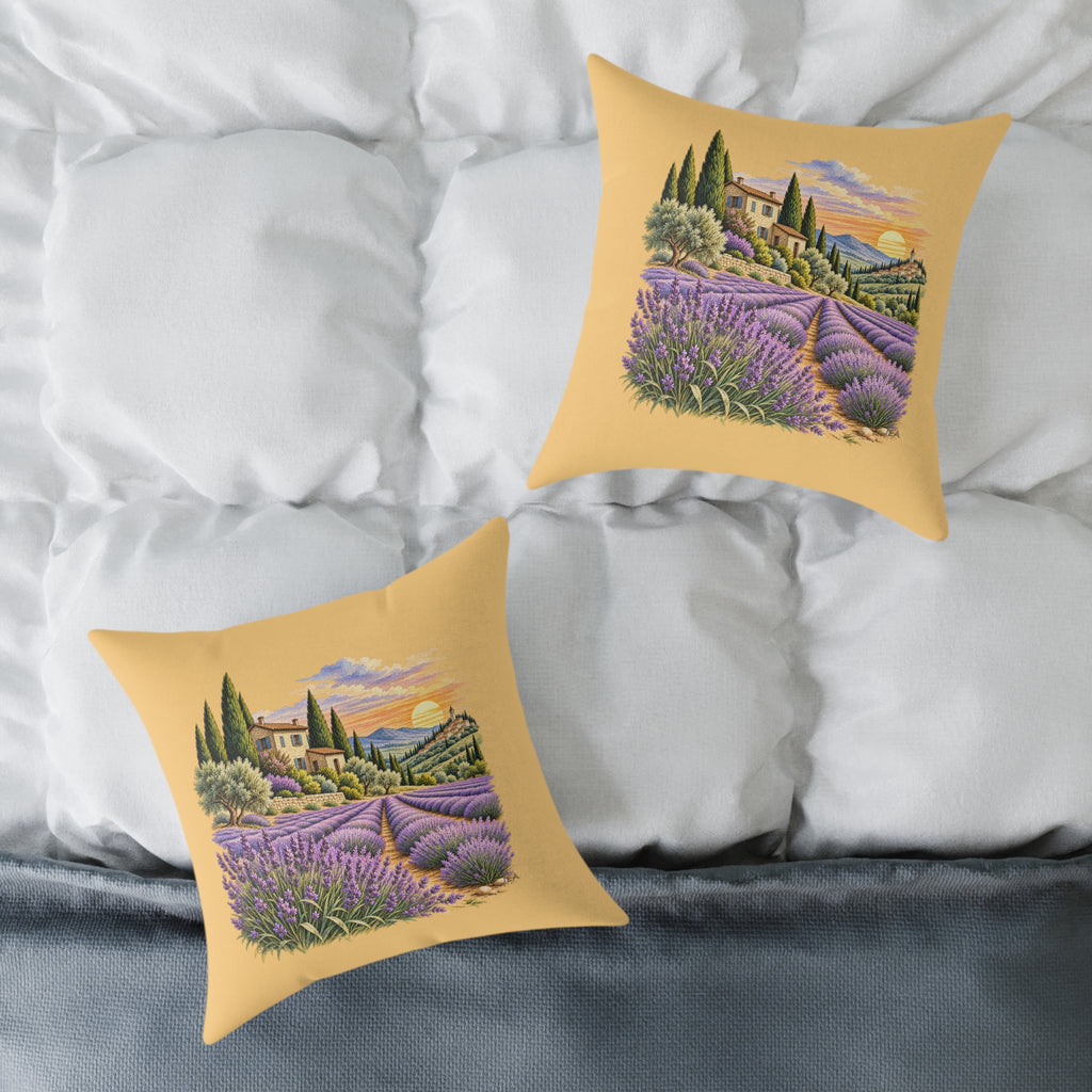 Lavender Fields Woodcut Relief Throw Pillow Warm Beige Floral Landscape Home Decor BarkingDog Shop