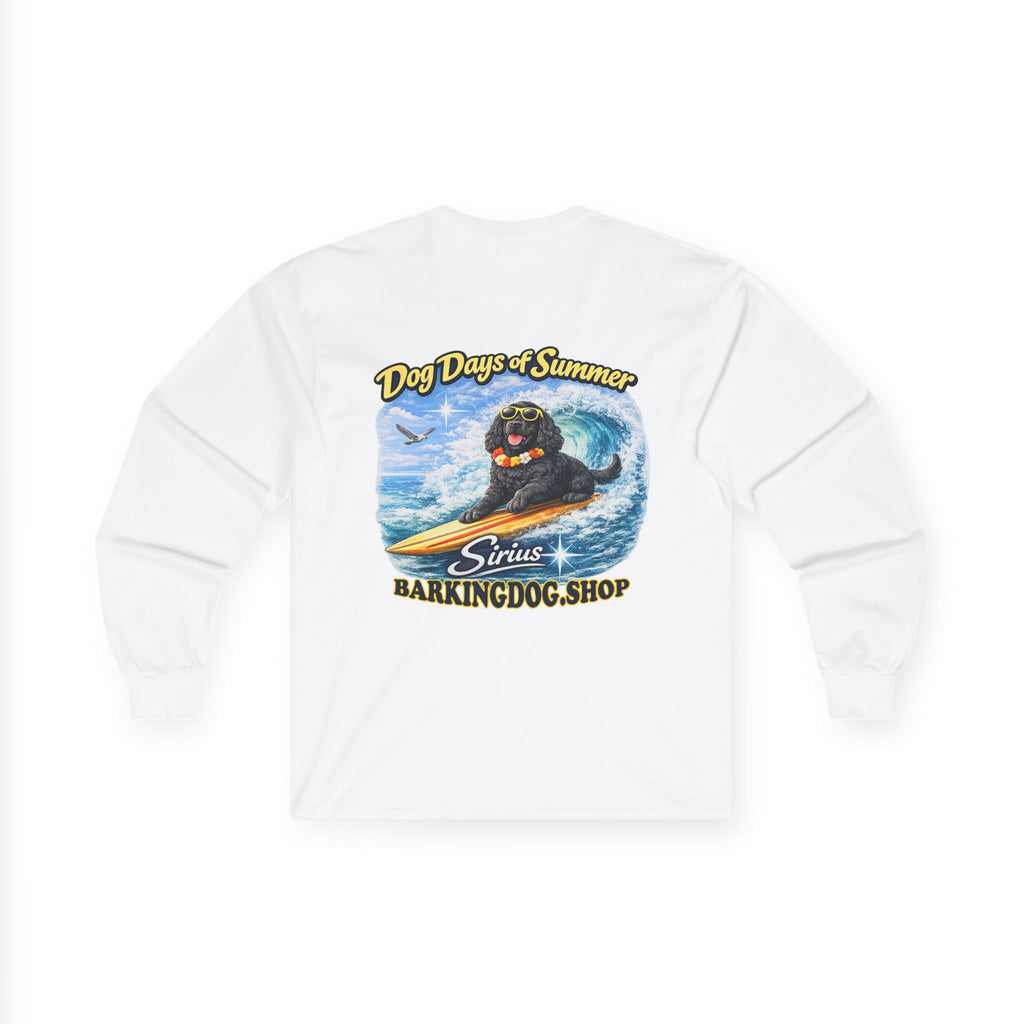 Cocker Spaniel Dog Days of Summer Surfboard Long Sleeve T Shirt Beach Collection Surfing Dog Graphic Tee Wag On BarkingDog Shop