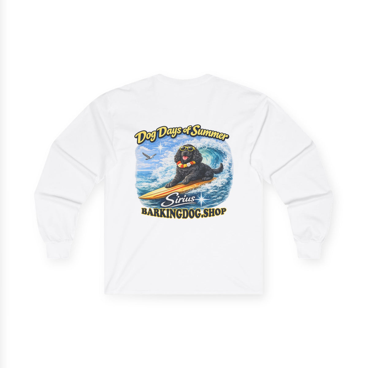 Cocker Spaniel Dog Days of Summer Surfboard Long Sleeve T Shirt Beach Collection Surfing Dog Graphic Tee Wag On BarkingDog Shop
